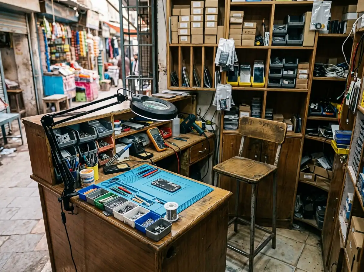 A small well organised mobile phone repair counter in a Karachi market with tools, a magnifying lamp and a high stool behind it, photographed in daylight. No people. Photograph taken in Karachi, Pakistan. Any person shown is Pakistani and well dressed, with the face out of frame. Natural daylight, realistic colours, documentary style. No text, no signage, no logos, no watermarks. 4:3 aspect ratio.