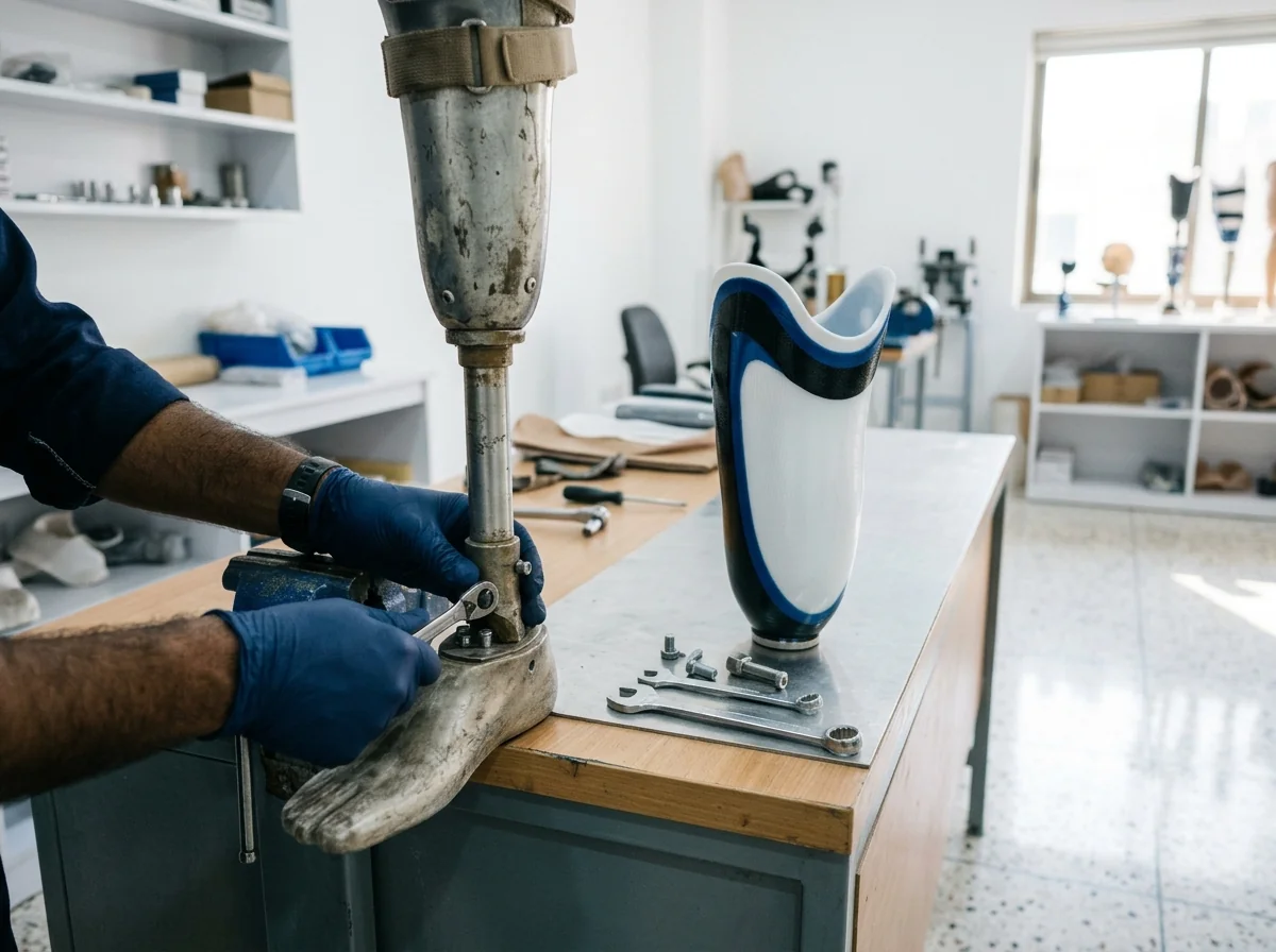 An older artificial leg standing on a workbench with its foot and pylon being unbolted by gloved hands for reuse, a new socket waiting beside it, close view with only the hands and the legs visible. Photograph taken in Karachi, Pakistan, in a clean, modern, well lit private prosthetics clinic with white walls, a polished tiled floor and tidy steel and laminate furniture. Any person shown is Pakistani and well dressed, with the face out of frame. Natural daylight, realistic colours, documentary style. No text, no signage, no logos, no watermarks. 4:3 aspect ratio.