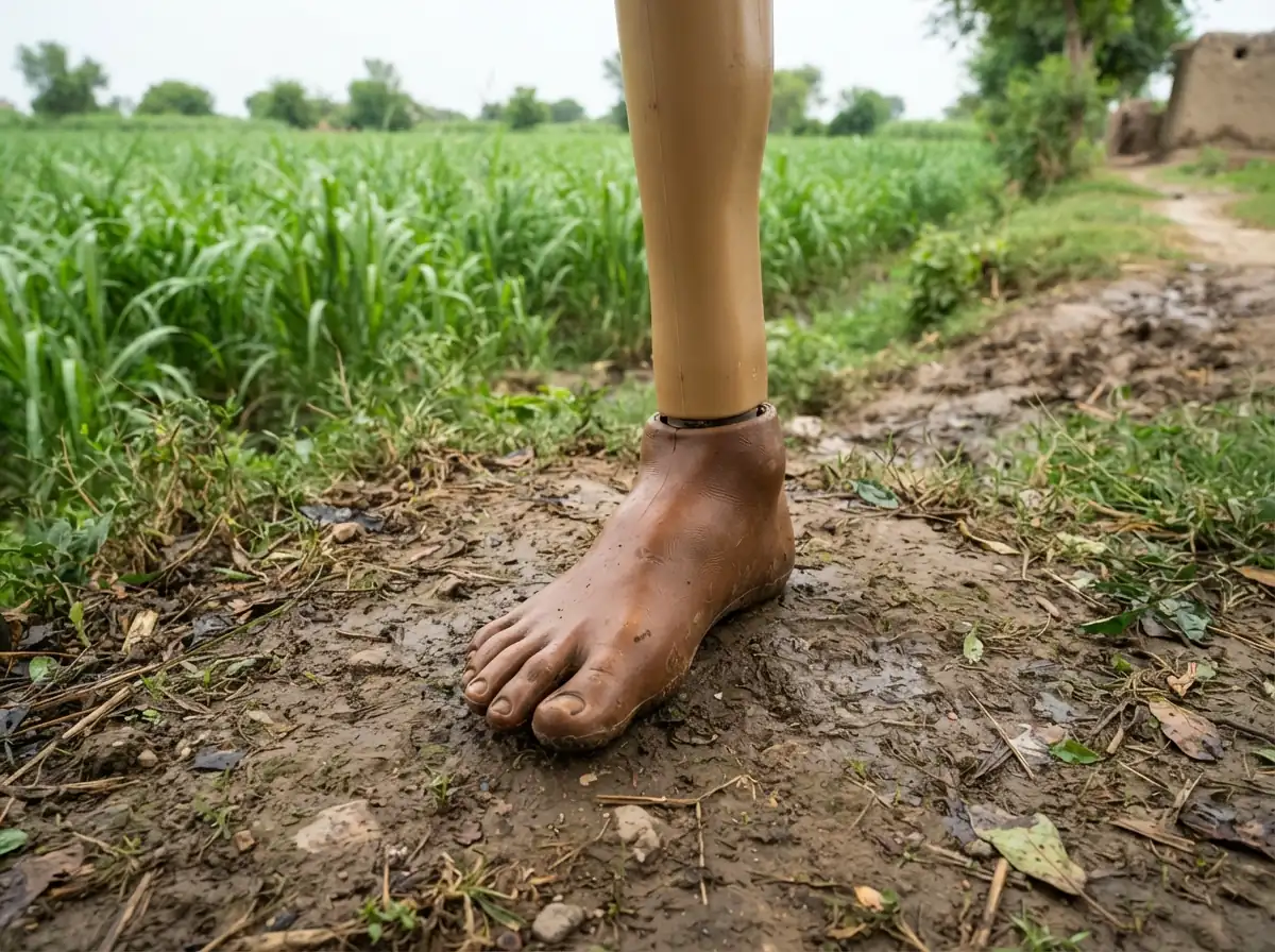 A simple brown vulcanised rubber prosthetic foot shaped like a natural bare foot with separated toes, fitted to a plain tan plastic shank, standing on damp earth at the edge of a green field. Product photograph at ground level. No people. Photograph taken in Karachi, Pakistan. Any person shown is Pakistani and well dressed, with the face out of frame. Natural daylight, realistic colours, documentary style. No text, no signage, no logos, no watermarks. 4:3 aspect ratio.