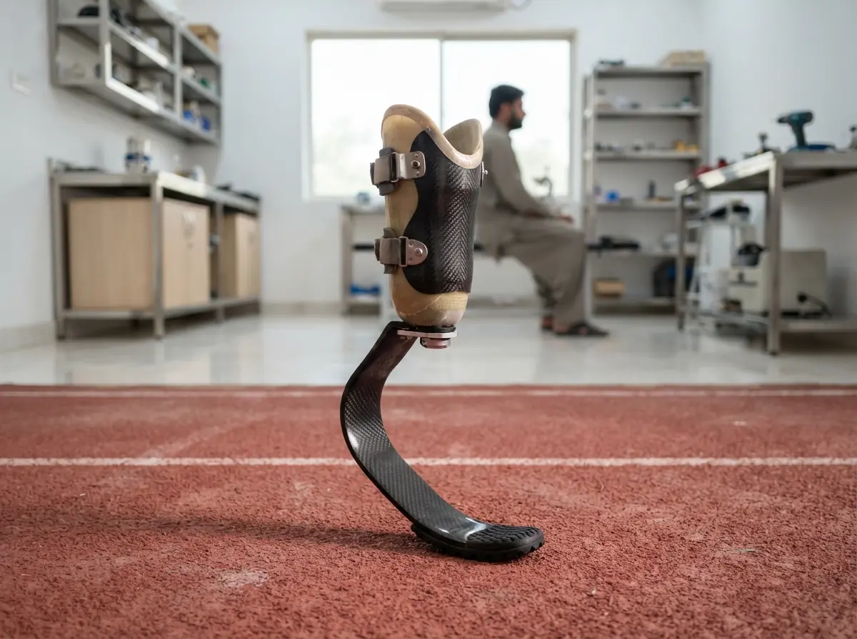 A carbon fibre running blade prosthesis with a curved J shaped spring, a rubber running sole bonded to the tip and a short laminated below knee socket, standing on a red rubber athletics track surface. Product photograph at low angle. No people. Photograph taken in Karachi, Pakistan, in a clean, modern, well lit private prosthetics clinic with white walls, a polished tiled floor and tidy steel and laminate furniture. Any person shown is Pakistani and well dressed, with the face out of frame. Natural daylight, realistic colours, documentary style. No text, no signage, no logos, no watermarks. 4:3 aspect ratio.