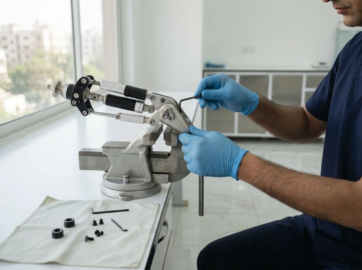 A prosthetist wearing gloves servicing a four bar prosthetic knee joint clamped in a small bench vice, using a hex key, with small replacement bushes and a clean cloth laid out on a white workbench, only the gloved hands and the knee visible. Photograph taken in Karachi, Pakistan, in a clean, modern, well lit private prosthetics clinic with white walls, a polished tiled floor and tidy steel and laminate furniture. Any person shown is Pakistani and well dressed, with the face out of frame. Natural daylight, realistic colours, documentary style. No text, no signage, no logos, no watermarks. 4:3 aspect ratio.