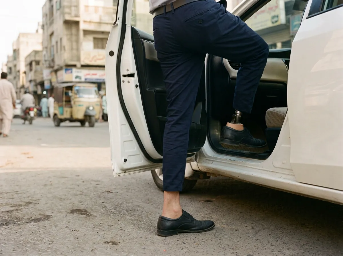 A person wearing a below knee artificial leg stepping up into the open rear door of a clean white car on a Karachi street in morning light, the sound leg leading, photographed from the side at knee height with only the legs and the car door sill visible. Photograph taken in Karachi, Pakistan. Any person shown is Pakistani and well dressed, with the face out of frame. Natural daylight, realistic colours, documentary style. No text, no signage, no logos, no watermarks. 4:3 aspect ratio.