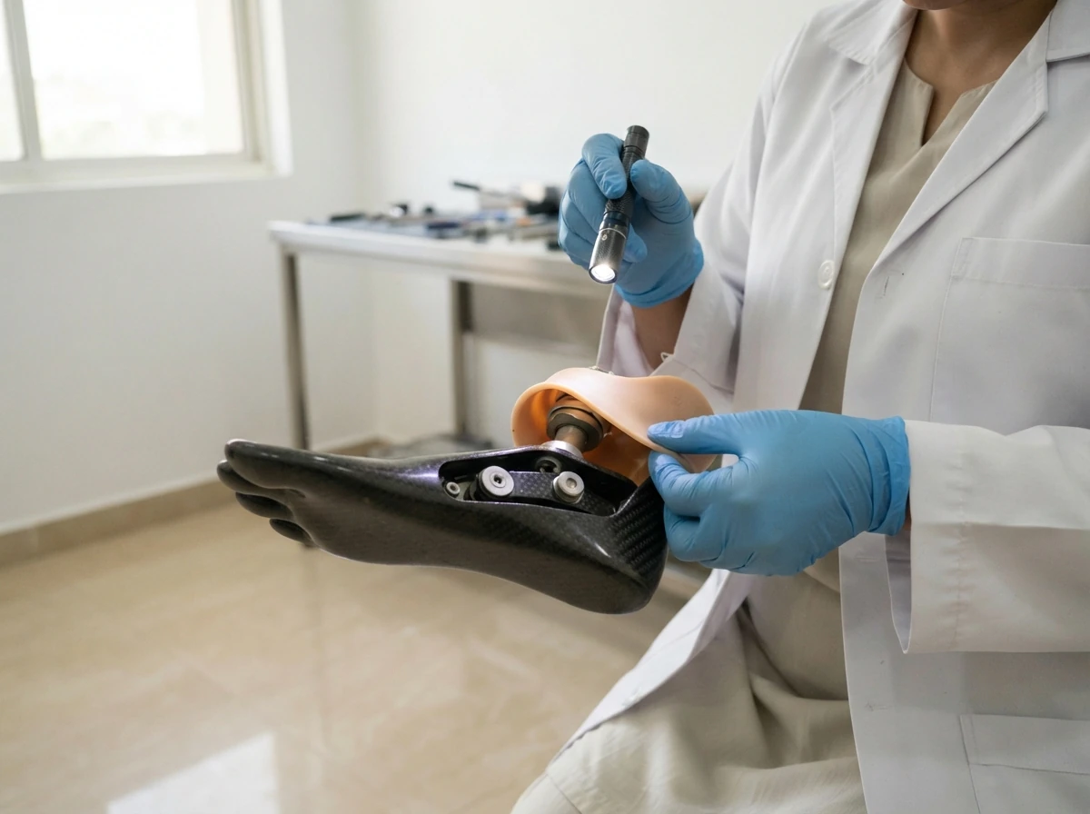A prosthetist wearing gloves inspecting the underside of a prosthetic foot with a small torch, the foot shell pulled partly back to show the keel and bolt, close view showing only the gloved hands, the torch and the foot. Photograph taken in Karachi, Pakistan, in a clean, modern, well lit private prosthetics clinic with white walls, a polished tiled floor and tidy steel and laminate furniture. Any person shown is Pakistani and well dressed, with the face out of frame. Natural daylight, realistic colours, documentary style. No text, no signage, no logos, no watermarks. 4:3 aspect ratio.