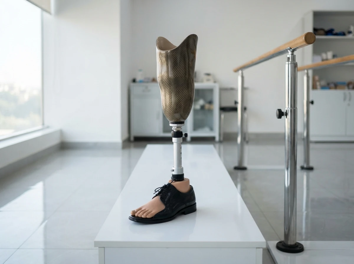 A finished below knee artificial leg with a carbon fibre socket, a slim metal pylon and a natural looking foot in a black leather shoe, standing upright on a clean white fitting bench beside a set of chrome parallel walking bars. The leg is the only subject. No people. Photograph taken in Karachi, Pakistan, in a clean, modern, well lit private prosthetics clinic with white walls, a polished tiled floor and tidy steel and laminate furniture. Any person shown is Pakistani and well dressed, with the face out of frame. Natural daylight, realistic colours, documentary style. No text, no signage, no logos, no watermarks. 4:3 aspect ratio.