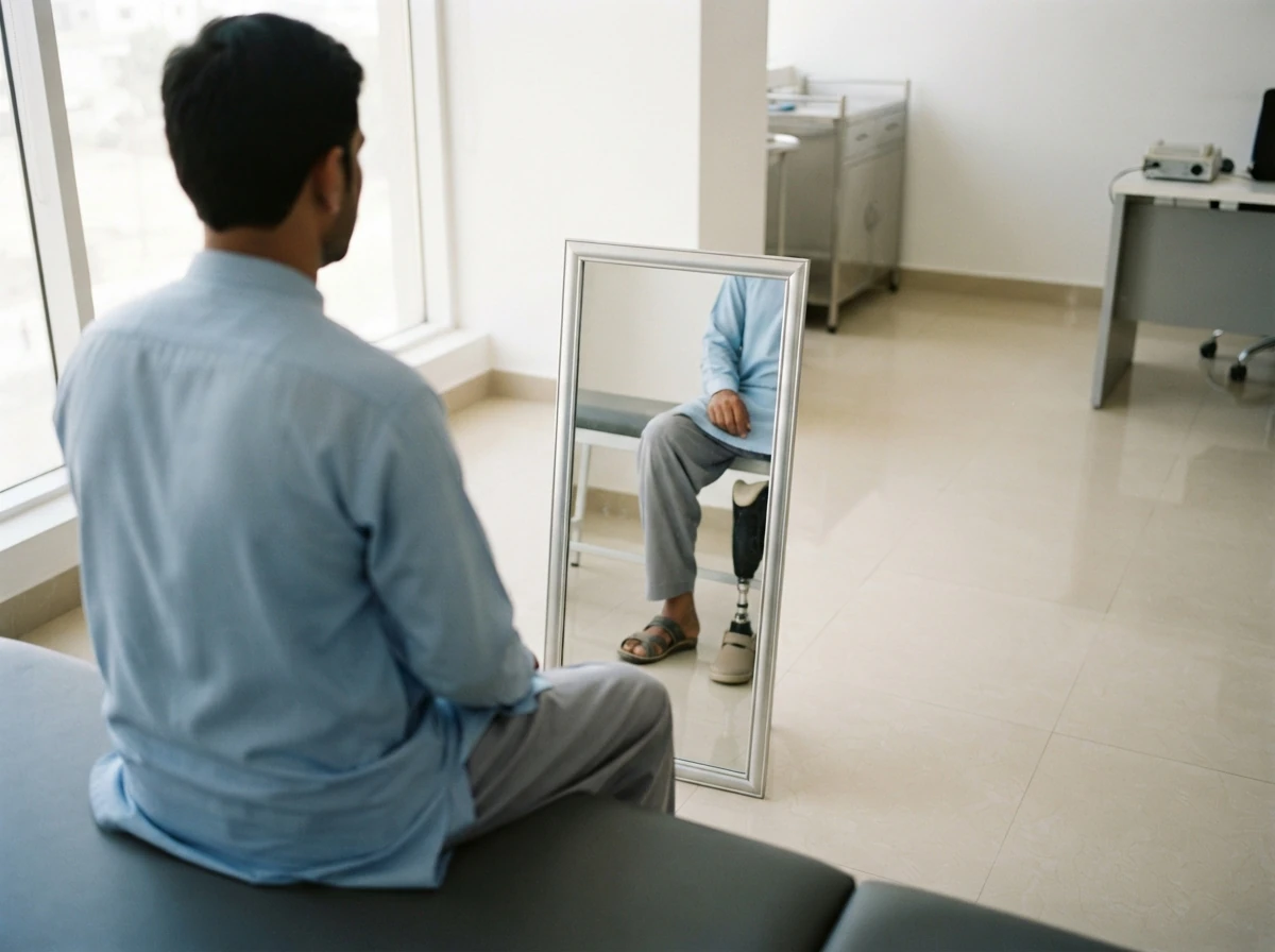 A tall rectangular mirror placed upright between the legs of a man seated on a therapy couch, so that the reflection of his sound foot appears in place of the missing one, photographed from above and behind his shoulder with the face out of frame, he wears a neat kurta and trousers. Photograph taken in Karachi, Pakistan, in a clean, modern, well lit private prosthetics clinic with white walls, a polished tiled floor and tidy steel and laminate furniture. Any person shown is Pakistani and well dressed, with the face out of frame. Natural daylight, realistic colours, documentary style. No text, no signage, no logos, no watermarks. 4:3 aspect ratio.