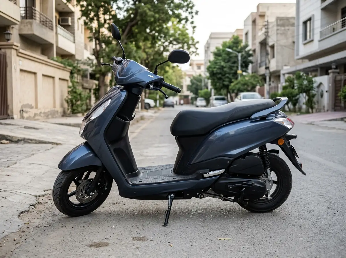An automatic scooter with a flat floorboard parked on a clean Karachi street, photographed from the side at a low angle so the flat foot area and the two brake levers on the handlebars are clearly visible. No people. Photograph taken in Karachi, Pakistan. Any person shown is Pakistani and well dressed, with the face out of frame. Natural daylight, realistic colours, documentary style. No text, no signage, no logos, no watermarks. 4:3 aspect ratio.