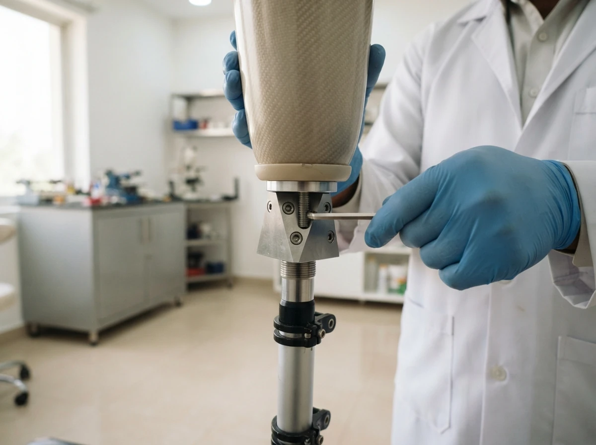 Close view of a hex key turning one of the four small set screws on a metal pyramid adapter at the base of a prosthetic socket, held in a gloved hand, with the pylon below, sharp focus on the adapter. Photograph taken in Karachi, Pakistan, in a clean, modern, well lit private prosthetics clinic with white walls, a polished tiled floor and tidy steel and laminate furniture. Any person shown is Pakistani and well dressed, with the face out of frame. Natural daylight, realistic colours, documentary style. No text, no signage, no logos, no watermarks. 4:3 aspect ratio.