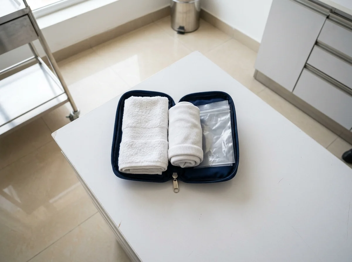 A small open zip pouch on a clean white surface containing a folded hand towel, a rolled white stump sock and an empty zip bag, arranged as a midday care kit. Still life photograph from above. No people. Photograph taken in Karachi, Pakistan, in a clean, modern, well lit private prosthetics clinic with white walls, a polished tiled floor and tidy steel and laminate furniture. Any person shown is Pakistani and well dressed, with the face out of frame. Natural daylight, realistic colours, documentary style. No text, no signage, no logos, no watermarks. 4:3 aspect ratio.