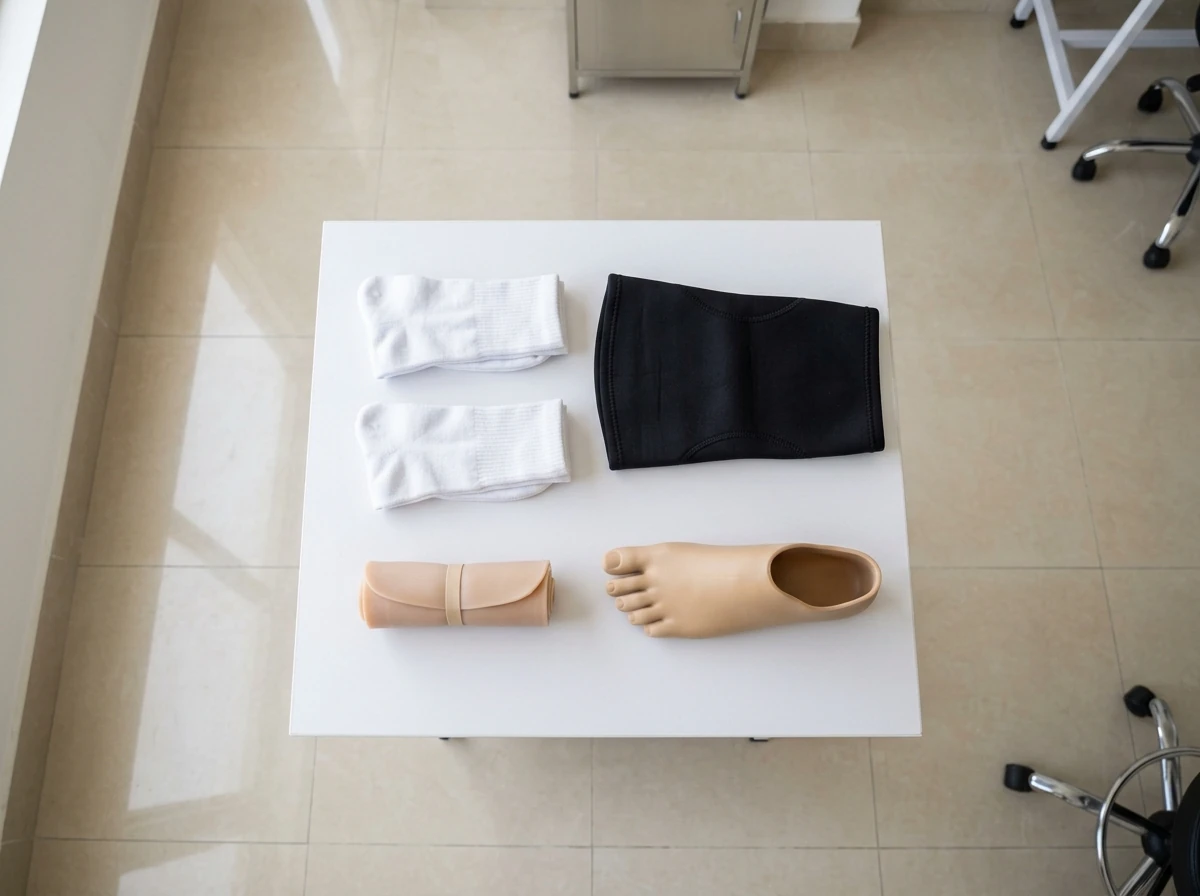 A neat flat lay on a white surface of the yearly consumables for a below knee artificial leg: two pairs of white stump socks, a gel liner, a black knee sleeve and a replacement foot shell. Product photograph from above. No people. Photograph taken in Karachi, Pakistan, in a clean, modern, well lit private prosthetics clinic with white walls, a polished tiled floor and tidy steel and laminate furniture. Any person shown is Pakistani and well dressed, with the face out of frame. Natural daylight, realistic colours, documentary style. No text, no signage, no logos, no watermarks. 4:3 aspect ratio.