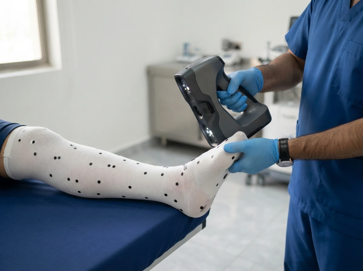 A handheld three dimensional scanner held in a gloved hand, pointed at a below knee residual limb covered in a thin white sock with small reference dots, close view showing only the scanner, the hand and the limb. Photograph taken in Karachi, Pakistan, in a clean, modern, well lit private prosthetics clinic with white walls, a polished tiled floor and tidy steel and laminate furniture. Any person shown is Pakistani and well dressed, with the face out of frame. Natural daylight, realistic colours, documentary style. No text, no signage, no logos, no watermarks. 4:3 aspect ratio.