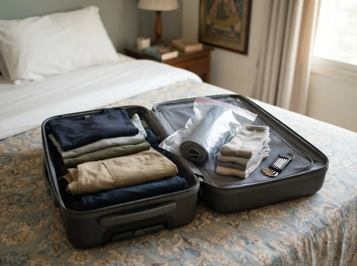 An open cabin suitcase on a bed packed for travel with a rolled gel prosthetic liner in a clear bag, several folded stump socks and a small hex key set placed on top of neatly folded clothes, in a clean bedroom. No people. Photograph taken in Karachi, Pakistan. Any person shown is Pakistani and well dressed, with the face out of frame. Natural daylight, realistic colours, documentary style. No text, no signage, no logos, no watermarks. 4:3 aspect ratio.