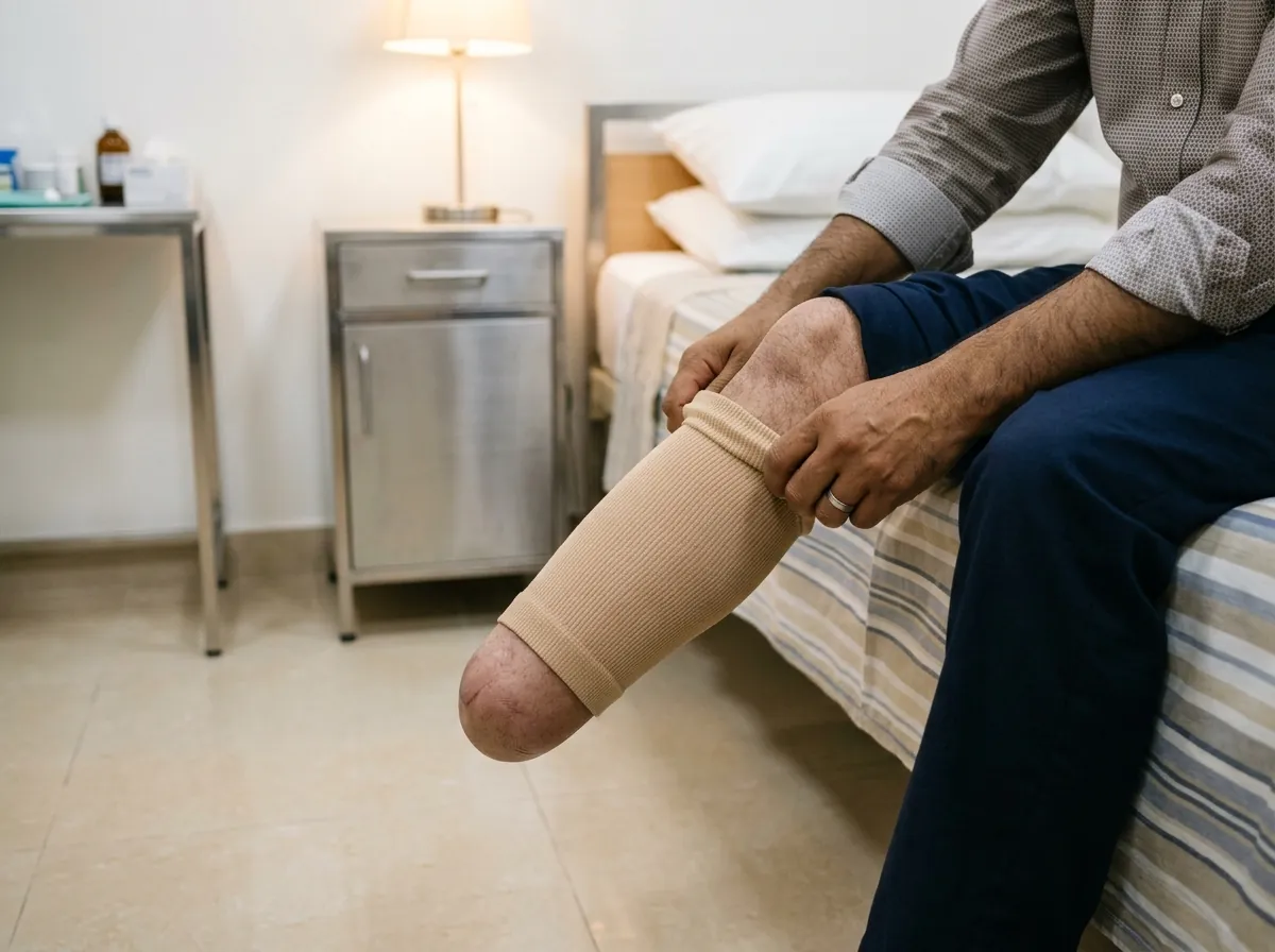 A beige elastic shrinker sock being rolled onto a below knee residual limb by a pair of hands, the person seated on the edge of a neatly made bed in evening lamp light, only the hands and the limb visible. Photograph taken in Karachi, Pakistan, in a clean, modern, well lit private prosthetics clinic with white walls, a polished tiled floor and tidy steel and laminate furniture. Any person shown is Pakistani and well dressed, with the face out of frame. Natural daylight, realistic colours, documentary style. No text, no signage, no logos, no watermarks. 4:3 aspect ratio.