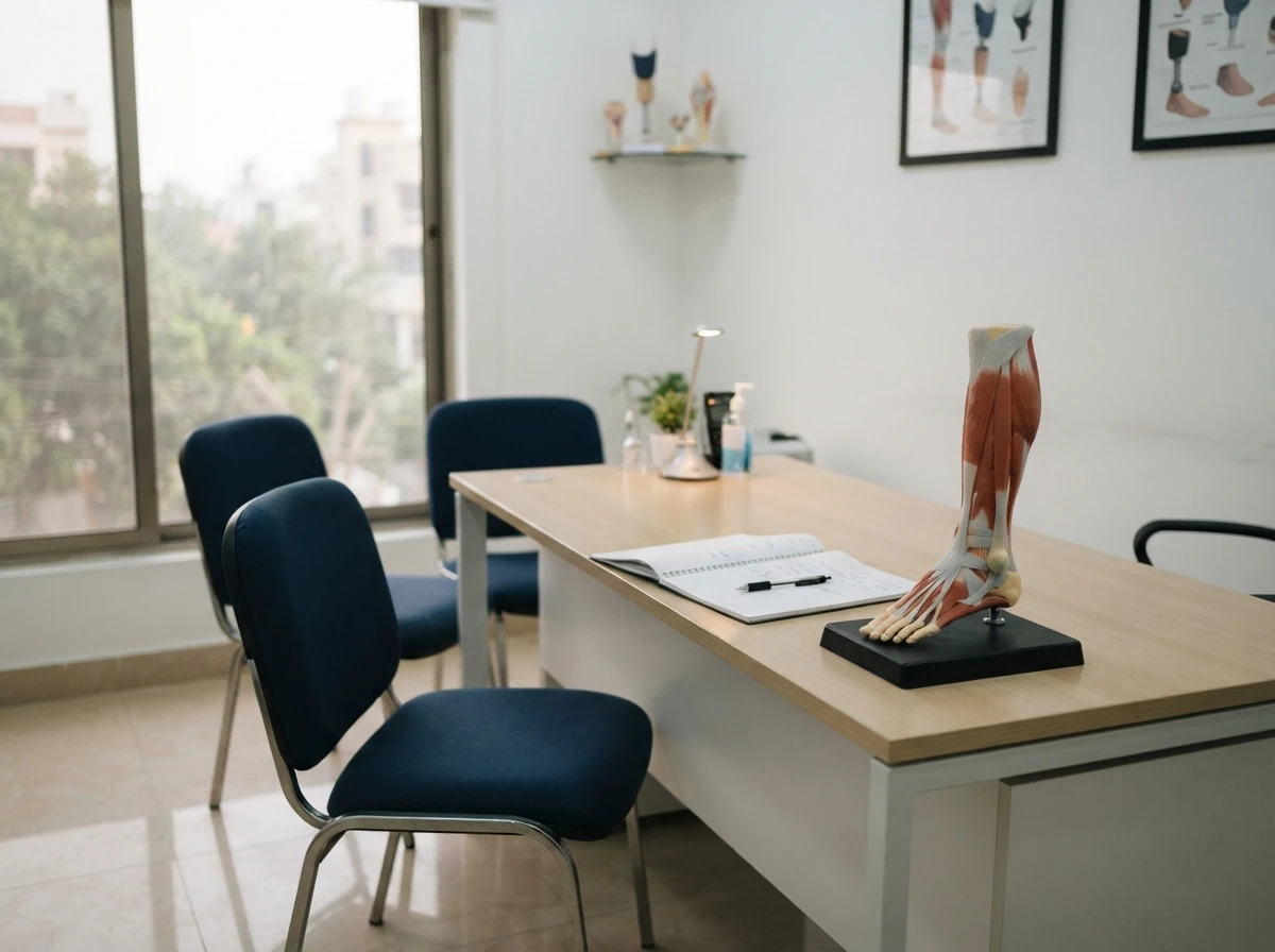 A clean clinic consultation desk with two chairs facing it, a notepad with a pen and an anatomical model of a lower leg on the desk, in soft daylight. No people. Photograph taken in Karachi, Pakistan, in a clean, modern, well lit private prosthetics clinic with white walls, a polished tiled floor and tidy steel and laminate furniture. Any person shown is Pakistani and well dressed, with the face out of frame. Natural daylight, realistic colours, documentary style. No text, no signage, no logos, no watermarks. 4:3 aspect ratio.
