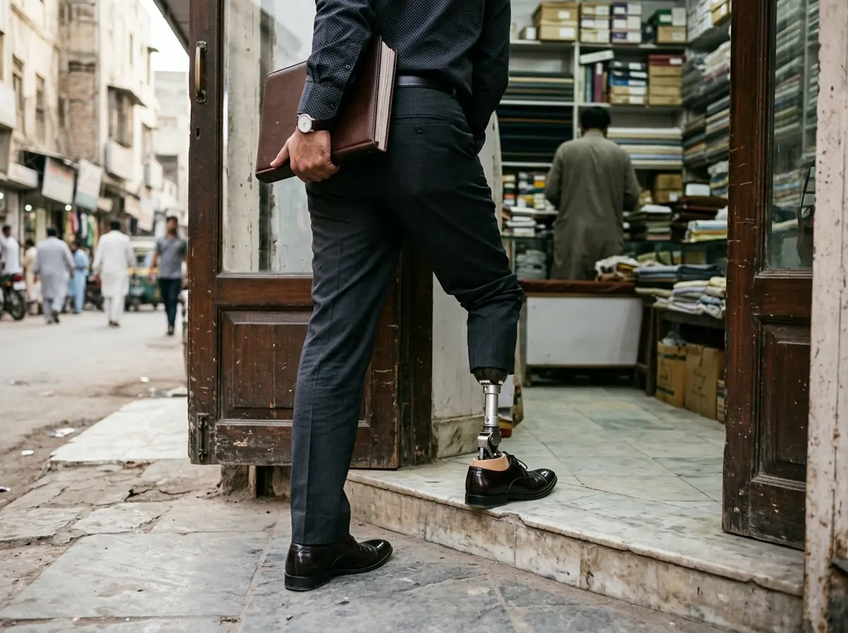 A man wearing a below knee artificial leg under neat trousers walking through the doorway of a small well kept Karachi shop carrying a ledger under one arm, photographed from behind at knee height so the prosthetic ankle is visible above a polished shoe. Photograph taken in Karachi, Pakistan. Any person shown is Pakistani and well dressed, with the face out of frame. Natural daylight, realistic colours, documentary style. No text, no signage, no logos, no watermarks. 4:3 aspect ratio.