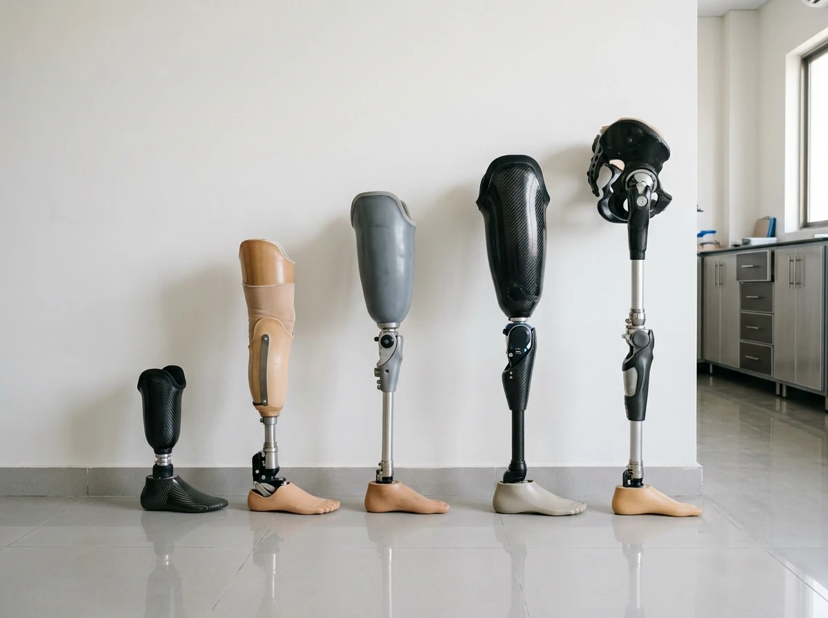 Five artificial legs of different lengths arranged in a row from shortest to tallest against a plain white wall, from a partial foot prosthesis to a full hip level leg, studio style product photograph. The legs are the only subject. No people. Photograph taken in Karachi, Pakistan, in a clean, modern, well lit private prosthetics clinic with white walls, a polished tiled floor and tidy steel and laminate furniture. Any person shown is Pakistani and well dressed, with the face out of frame. Natural daylight, realistic colours, documentary style. No text, no signage, no logos, no watermarks. 4:3 aspect ratio.