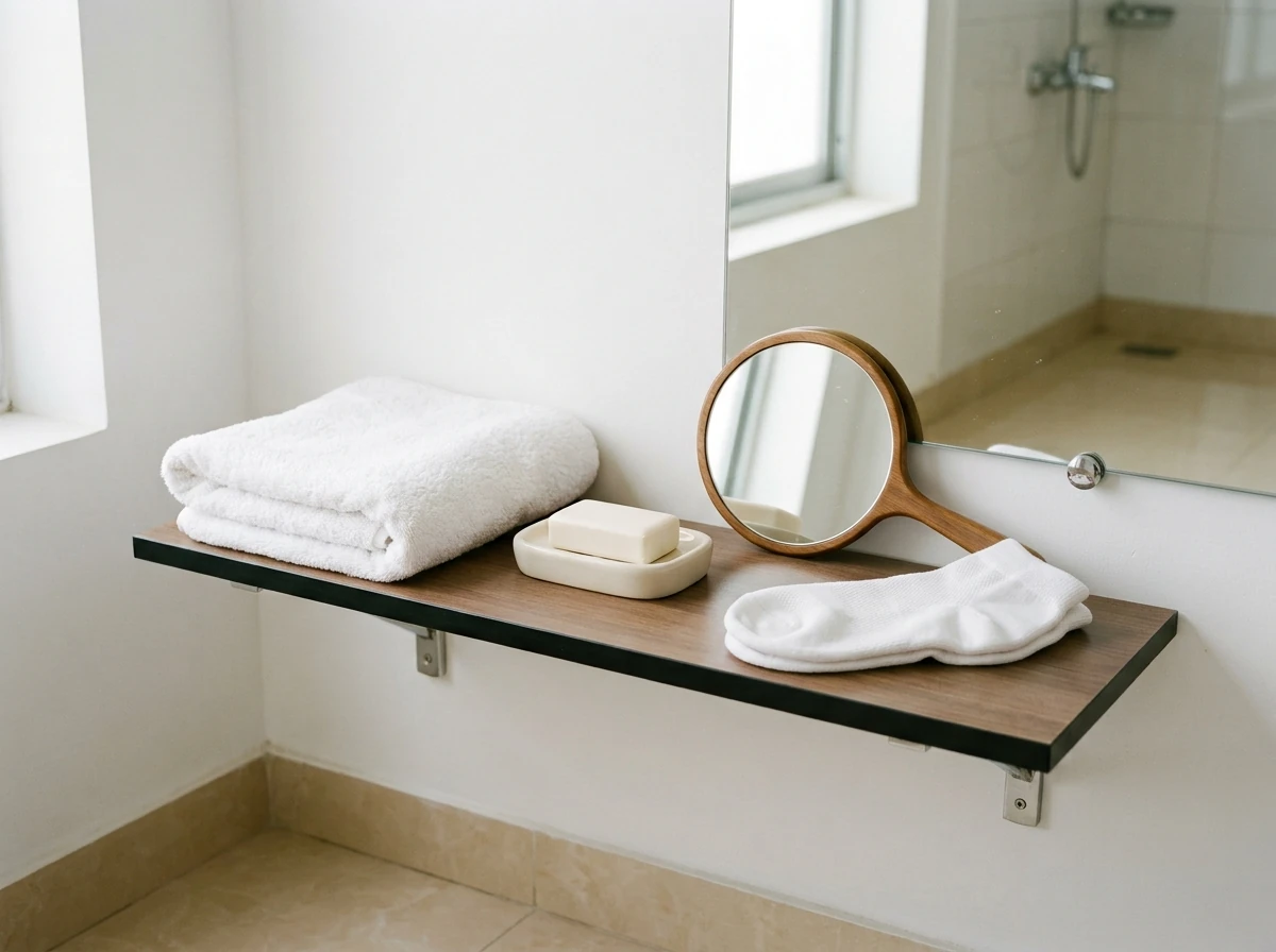 A clean white towel, a bar of mild unscented soap in a dish, a small hand mirror and a folded cotton stump sock arranged neatly on a bathroom shelf in soft daylight. Still life photograph. No people. Photograph taken in Karachi, Pakistan, in a clean, modern, well lit private prosthetics clinic with white walls, a polished tiled floor and tidy steel and laminate furniture. Any person shown is Pakistani and well dressed, with the face out of frame. Natural daylight, realistic colours, documentary style. No text, no signage, no logos, no watermarks. 4:3 aspect ratio.