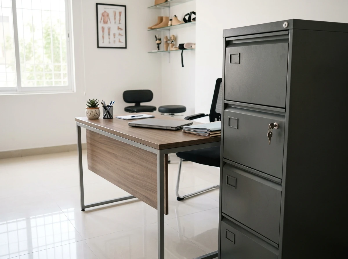 A closed steel filing cabinet with a key in its lock beside a clean clinic desk with a closed laptop, in soft daylight. No people. Photograph taken in Karachi, Pakistan, in a clean, modern, well lit private prosthetics clinic with white walls, a polished tiled floor and tidy steel and laminate furniture. Any person shown is Pakistani and well dressed, with the face out of frame. Natural daylight, realistic colours, documentary style. No text, no signage, no logos, no watermarks. 4:3 aspect ratio.