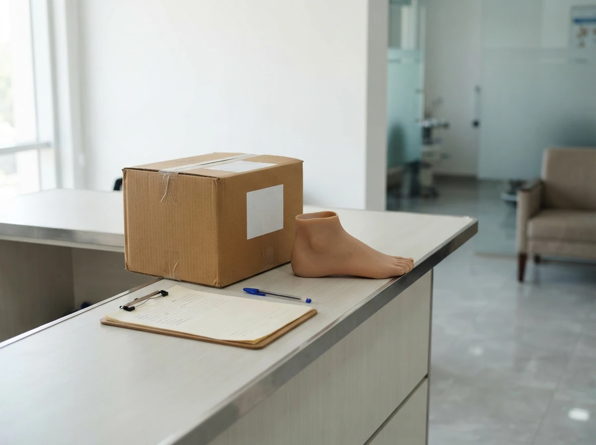 A sealed cardboard shipping carton with blank customs style labels on a clean clinic reception counter beside a prosthetic foot shell and a clipboard, photographed so that no words are readable. No people. Photograph taken in Karachi, Pakistan, in a clean, modern, well lit private prosthetics clinic with white walls, a polished tiled floor and tidy steel and laminate furniture. Any person shown is Pakistani and well dressed, with the face out of frame. Natural daylight, realistic colours, documentary style. No text, no signage, no logos, no watermarks. 4:3 aspect ratio.