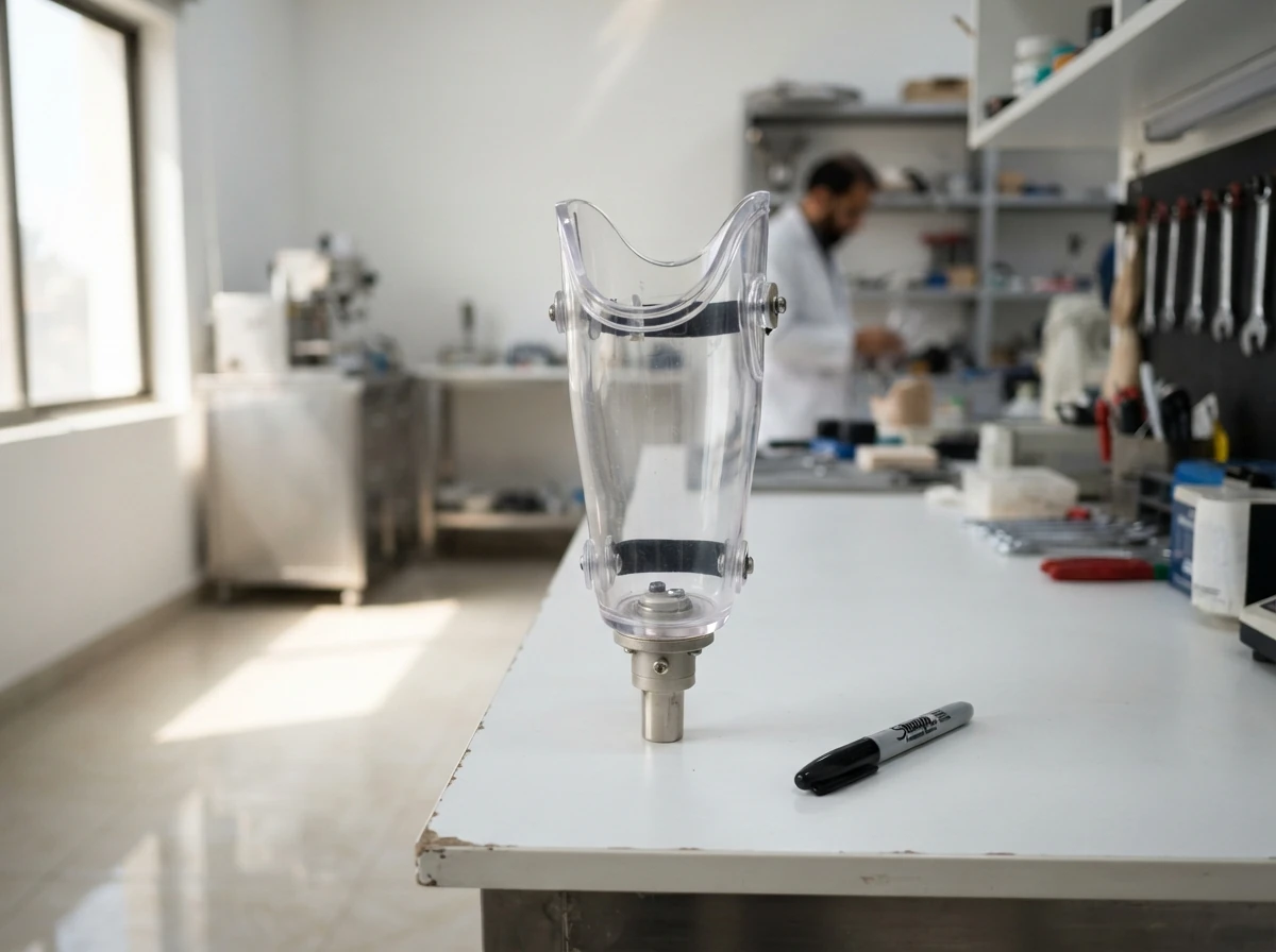 A clear plastic test socket standing alone on a clean white workbench in strong side light, with a marker pen beside it, the workshop softly out of focus behind. No people. Photograph taken in Karachi, Pakistan, in a clean, modern, well lit private prosthetics clinic with white walls, a polished tiled floor and tidy steel and laminate furniture. Any person shown is Pakistani and well dressed, with the face out of frame. Natural daylight, realistic colours, documentary style. No text, no signage, no logos, no watermarks. 4:3 aspect ratio.