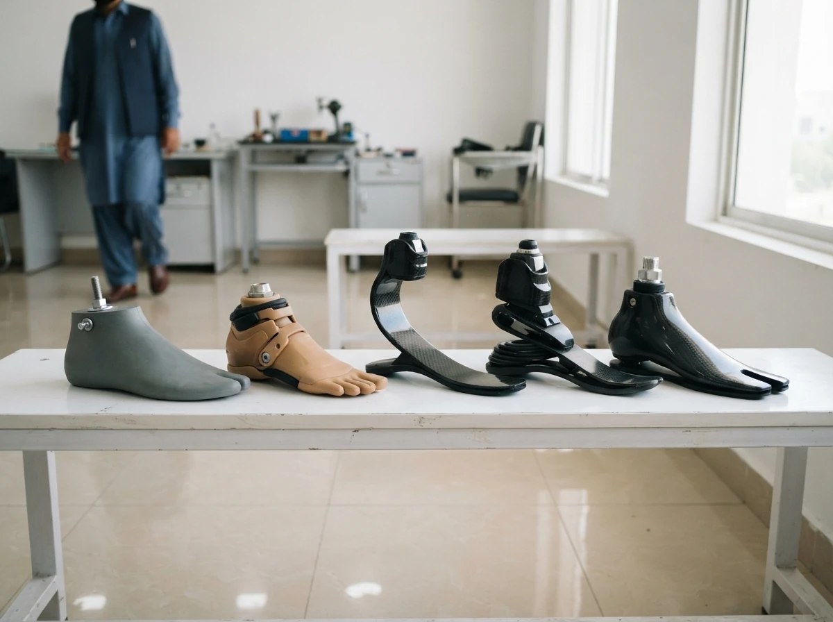 Five different prosthetic feet lined up in a row on a white bench without foot shells, from a simple solid rubber foot on the left to a black carbon fibre blade foot with a split toe on the right. Product photograph from the side. No people. Photograph taken in Karachi, Pakistan, in a clean, modern, well lit private prosthetics clinic with white walls, a polished tiled floor and tidy steel and laminate furniture. Any person shown is Pakistani and well dressed, with the face out of frame. Natural daylight, realistic colours, documentary style. No text, no signage, no logos, no watermarks. 4:3 aspect ratio.