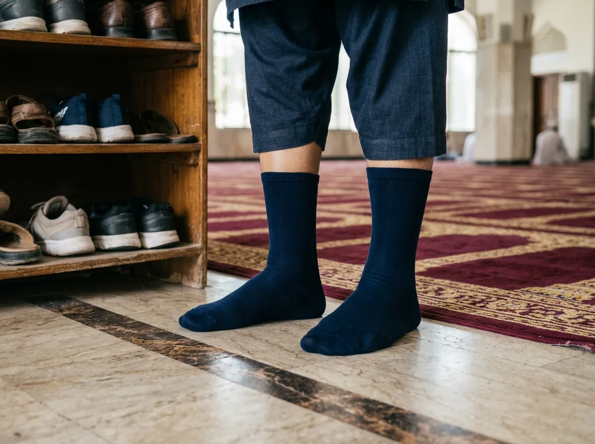 A shoe rack at the entrance of a masjid with several pairs of shoes and sandals neatly placed, and a prosthetic foot with a clean dark sock over its shell stepping onto the carpet beyond, photographed at floor level with only the lower leg visible. Photograph taken in Karachi, Pakistan. Any person shown is Pakistani and well dressed, with the face out of frame. Natural daylight, realistic colours, documentary style. No text, no signage, no logos, no watermarks. 4:3 aspect ratio.