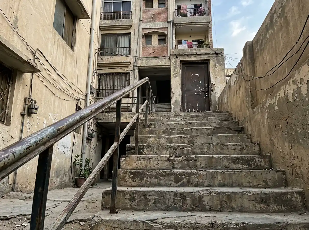 A flight of worn concrete steps with a steel handrail leading up to the entrance of a Karachi apartment building, photographed from the bottom step at a low angle in daylight. No people. Photograph taken in Karachi, Pakistan. Any person shown is Pakistani and well dressed, with the face out of frame. Natural daylight, realistic colours, documentary style. No text, no signage, no logos, no watermarks. 4:3 aspect ratio.