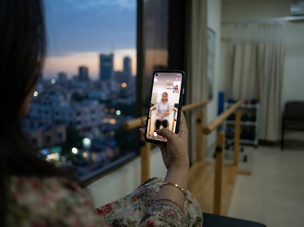 A smartphone held in a hand showing a video call in progress, with the blurred scene on its screen suggesting a clinic fitting room with parallel bars, in front of a window with a softly blurred city skyline at dusk, photographed so that no faces or words are readable. Photograph taken in Karachi, Pakistan. Any person shown is Pakistani and well dressed, with the face out of frame. Natural daylight, realistic colours, documentary style. No text, no signage, no logos, no watermarks. 4:3 aspect ratio.