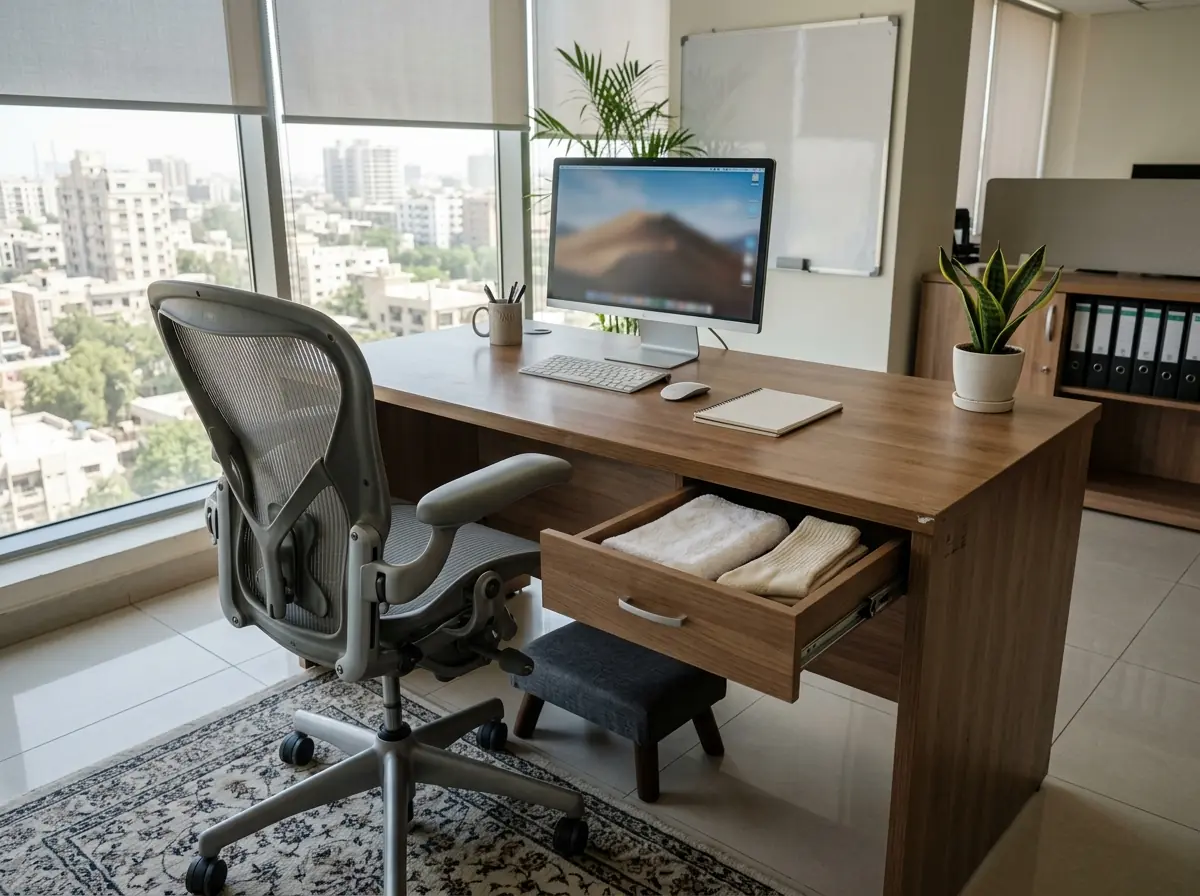 A tidy office desk and an adjustable chair with a small footstool under the desk, a spare folded stump sock and a small towel placed discreetly in an open desk drawer, photographed in a clean modern Karachi office. No people. Photograph taken in Karachi, Pakistan. Any person shown is Pakistani and well dressed, with the face out of frame. Natural daylight, realistic colours, documentary style. No text, no signage, no logos, no watermarks. 4:3 aspect ratio.