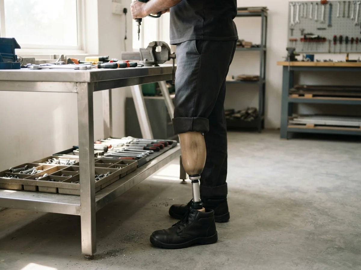 A man wearing a below knee artificial leg inside a black safety boot, standing at a clean steel workbench in a tidy well lit Karachi workshop, photographed from the knees down so the prosthetic pylon shows between the boot and the rolled trouser hem. Photograph taken in Karachi, Pakistan. Any person shown is Pakistani and well dressed, with the face out of frame. Natural daylight, realistic colours, documentary style. No text, no signage, no logos, no watermarks. 4:3 aspect ratio.