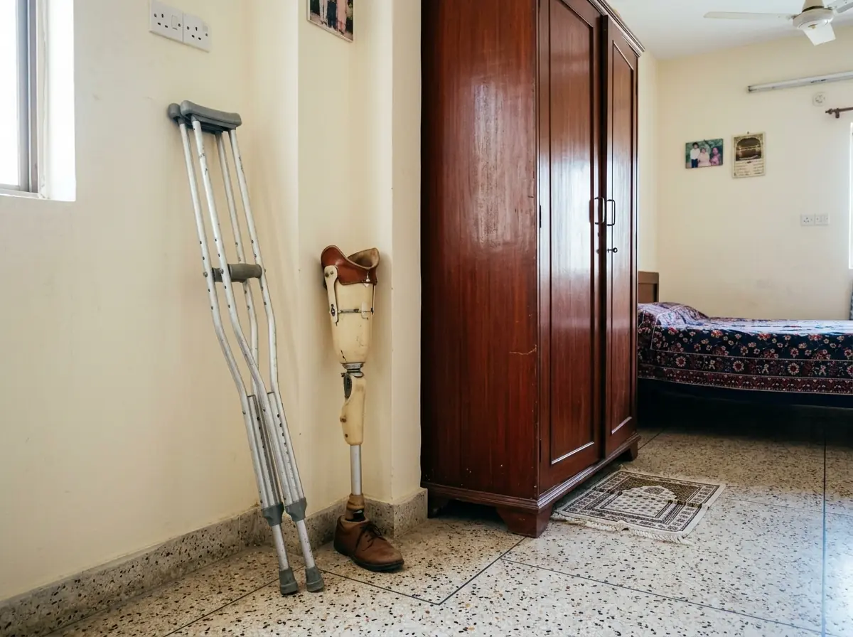 A pair of aluminium elbow crutches leaning in the corner of a tidy bedroom beside a wardrobe, with an older artificial leg standing upright next to them as a spare. No people. Photograph taken in Karachi, Pakistan. Any person shown is Pakistani and well dressed, with the face out of frame. Natural daylight, realistic colours, documentary style. No text, no signage, no logos, no watermarks. 4:3 aspect ratio.