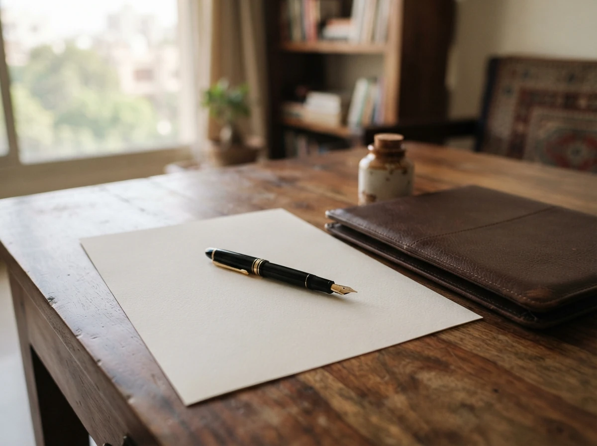 A fountain pen resting on a blank sheet of paper on a clean wooden desk beside a closed folder, in soft daylight. No people. Photograph taken in Karachi, Pakistan. Any person shown is Pakistani and well dressed, with the face out of frame. Natural daylight, realistic colours, documentary style. No text, no signage, no logos, no watermarks. 4:3 aspect ratio.