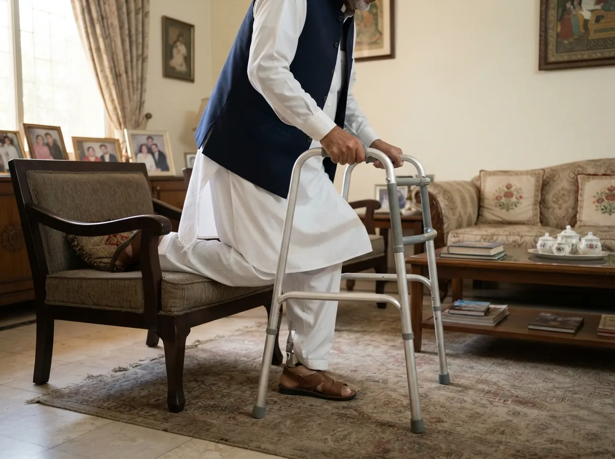 An elderly man in a crisp white shalwar kameez and waistcoat standing up from a firm armchair using a walking frame, wearing a below knee artificial leg, photographed from the side at waist height and below so the face is out of frame, in a tidy well furnished Karachi living room. Photograph taken in Karachi, Pakistan. Any person shown is Pakistani and well dressed, with the face out of frame. Natural daylight, realistic colours, documentary style. No text, no signage, no logos, no watermarks. 4:3 aspect ratio.