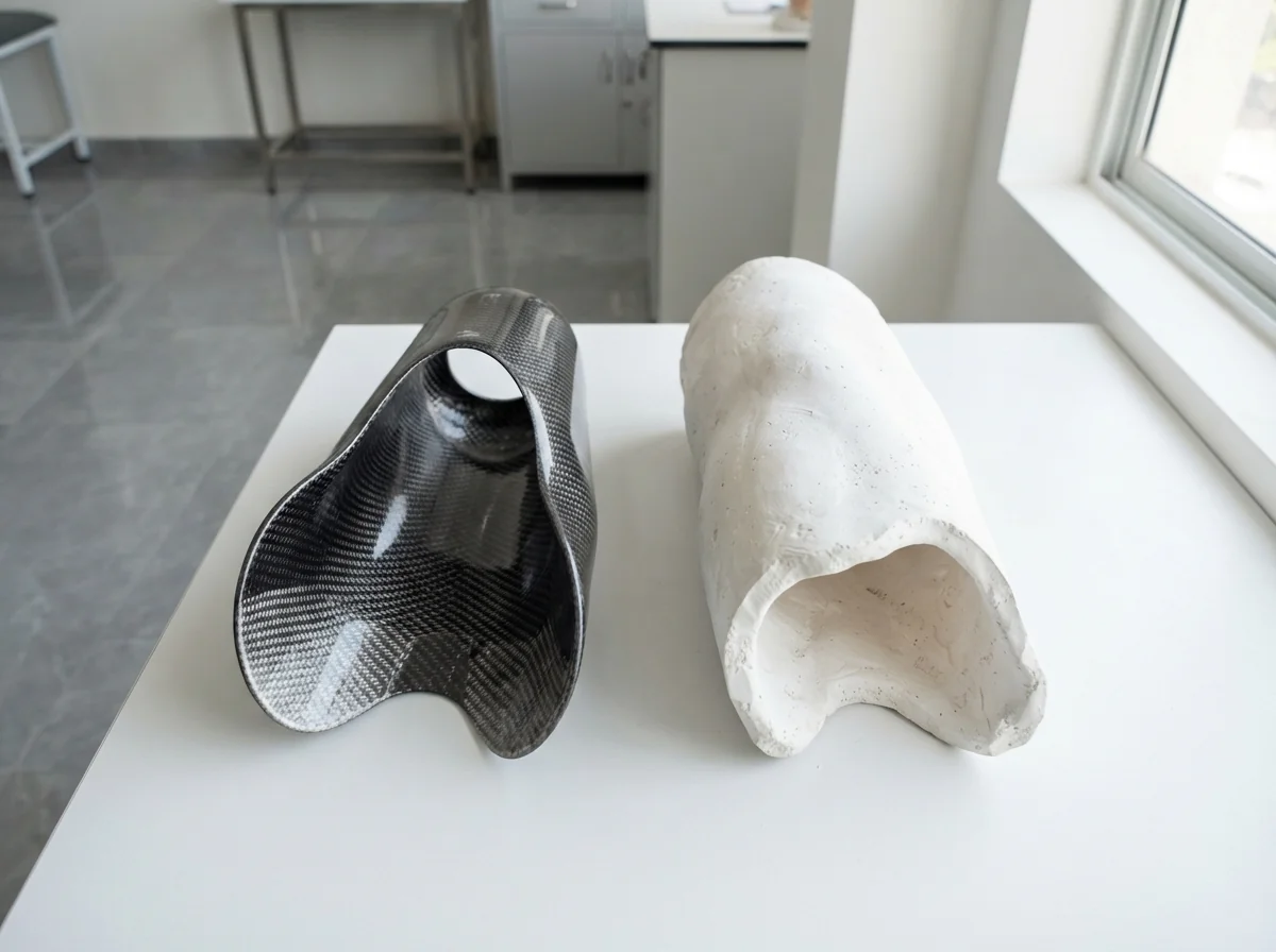 A carbon fibre above knee prosthetic socket photographed from above to show its inner shape and brim, placed on a white workbench beside a plaster positive model of a thigh. No people. Photograph taken in Karachi, Pakistan, in a clean, modern, well lit private prosthetics clinic with white walls, a polished tiled floor and tidy steel and laminate furniture. Any person shown is Pakistani and well dressed, with the face out of frame. Natural daylight, realistic colours, documentary style. No text, no signage, no logos, no watermarks. 4:3 aspect ratio.