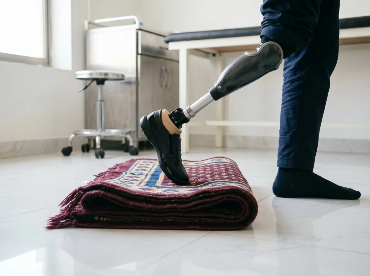 A below knee artificial leg in a kneeling position on a thick folded prayer mat on a clean floor, showing how the prosthetic foot rests upright on its toe and the socket front edge meets the mat, photographed from the side at floor level with only the lower legs visible. Photograph taken in Karachi, Pakistan, in a clean, modern, well lit private prosthetics clinic with white walls, a polished tiled floor and tidy steel and laminate furniture. Any person shown is Pakistani and well dressed, with the face out of frame. Natural daylight, realistic colours, documentary style. No text, no signage, no logos, no watermarks. 4:3 aspect ratio.