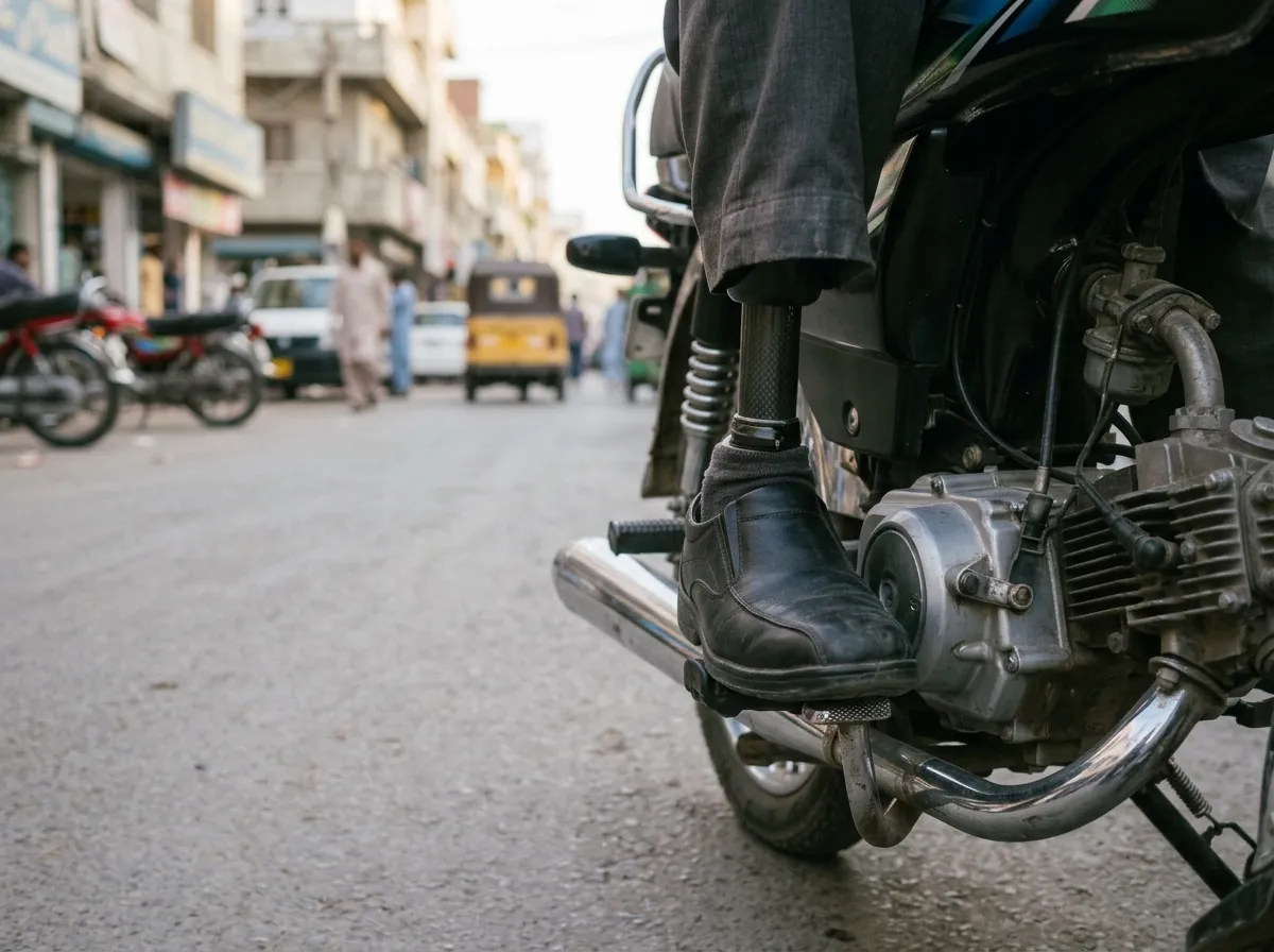 Close view of a prosthetic foot in a black closed shoe resting correctly on the foot peg of a commuter motorcycle, well clear of the chrome exhaust silencer, photographed from the side with the pylon visible above the shoe and nothing else of the rider in frame. Photograph taken in Karachi, Pakistan. Any person shown is Pakistani and well dressed, with the face out of frame. Natural daylight, realistic colours, documentary style. No text, no signage, no logos, no watermarks. 4:3 aspect ratio.