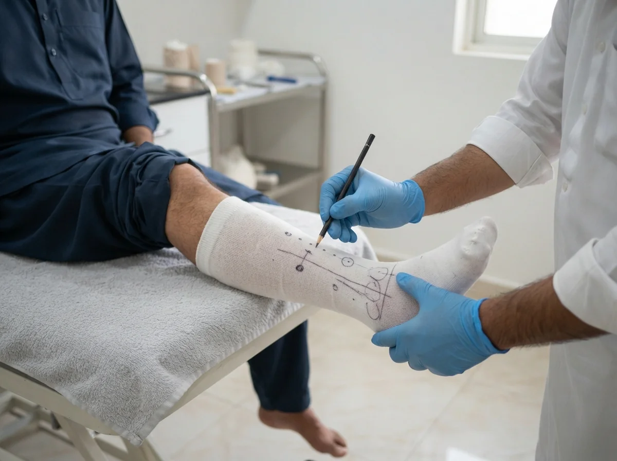 Gloved hands using a pencil to mark bony landmarks on a thin white sock covering a below knee residual limb before casting, close view in a clean clinic, only the hands and the limb visible. Photograph taken in Karachi, Pakistan, in a clean, modern, well lit private prosthetics clinic with white walls, a polished tiled floor and tidy steel and laminate furniture. Any person shown is Pakistani and well dressed, with the face out of frame. Natural daylight, realistic colours, documentary style. No text, no signage, no logos, no watermarks. 4:3 aspect ratio.
