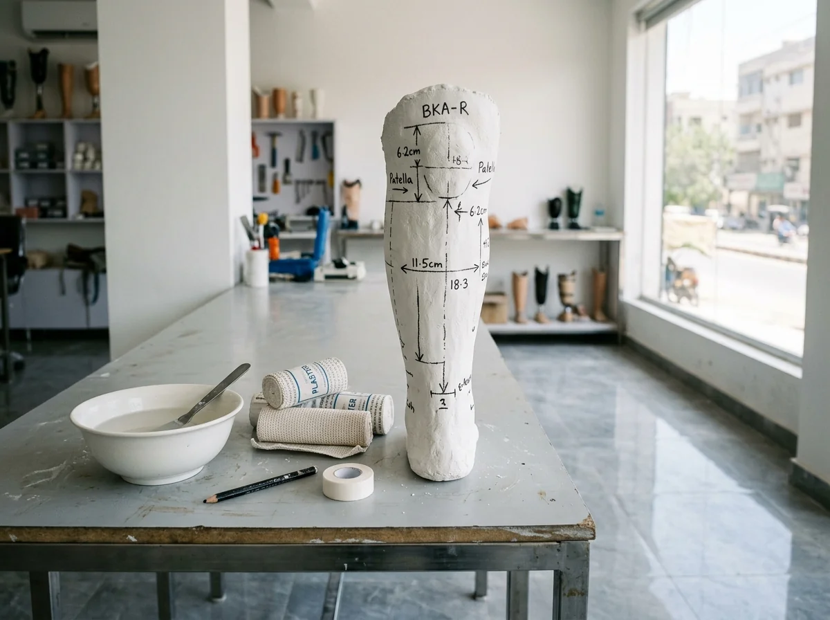 A white plaster negative cast of a below knee residual limb standing upright on a clean workbench beside a bowl of water, rolls of plaster bandage and an indelible pencil, with pencil marks visible on the cast. No people. Photograph taken in Karachi, Pakistan, in a clean, modern, well lit private prosthetics clinic with white walls, a polished tiled floor and tidy steel and laminate furniture. Any person shown is Pakistani and well dressed, with the face out of frame. Natural daylight, realistic colours, documentary style. No text, no signage, no logos, no watermarks. 4:3 aspect ratio.