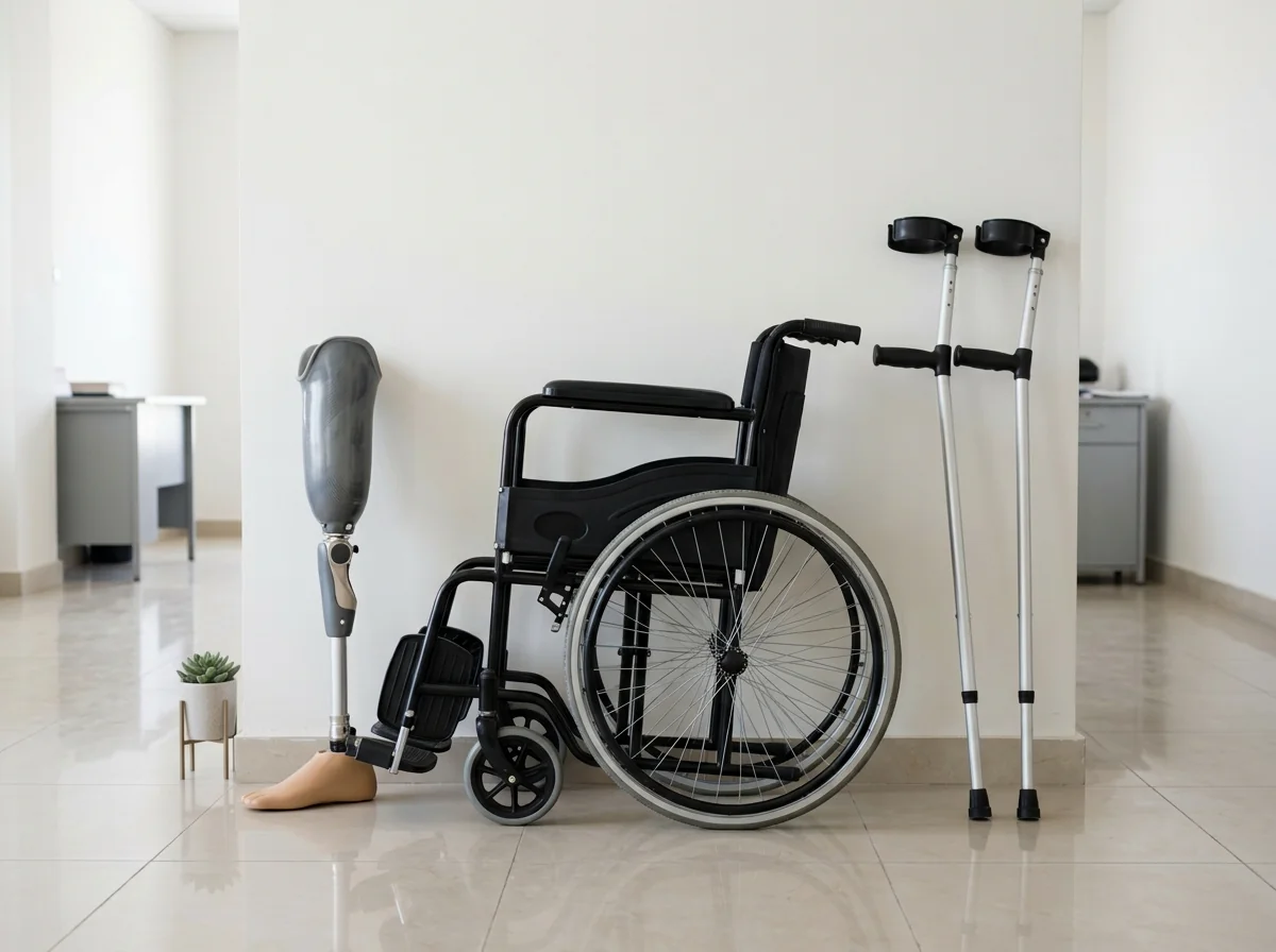 A below knee artificial leg, a folded lightweight wheelchair and a pair of aluminium elbow crutches arranged side by side against a plain white wall on a clean tiled floor, evenly lit. Product photograph. No people. Photograph taken in Karachi, Pakistan, in a clean, modern, well lit private prosthetics clinic with white walls, a polished tiled floor and tidy steel and laminate furniture. Any person shown is Pakistani and well dressed, with the face out of frame. Natural daylight, realistic colours, documentary style. No text, no signage, no logos, no watermarks. 4:3 aspect ratio.