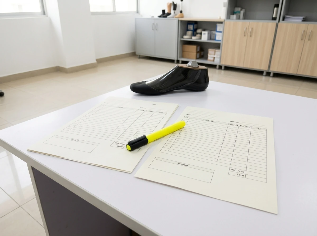 Two blank itemised quotation sheets lying side by side on a white desk with a yellow highlighter pen resting across them and a prosthetic foot at the top edge, photographed so that no words or figures are readable. No people. Photograph taken in Karachi, Pakistan, in a clean, modern, well lit private prosthetics clinic with white walls, a polished tiled floor and tidy steel and laminate furniture. Any person shown is Pakistani and well dressed, with the face out of frame. Natural daylight, realistic colours, documentary style. No text, no signage, no logos, no watermarks. 4:3 aspect ratio.
