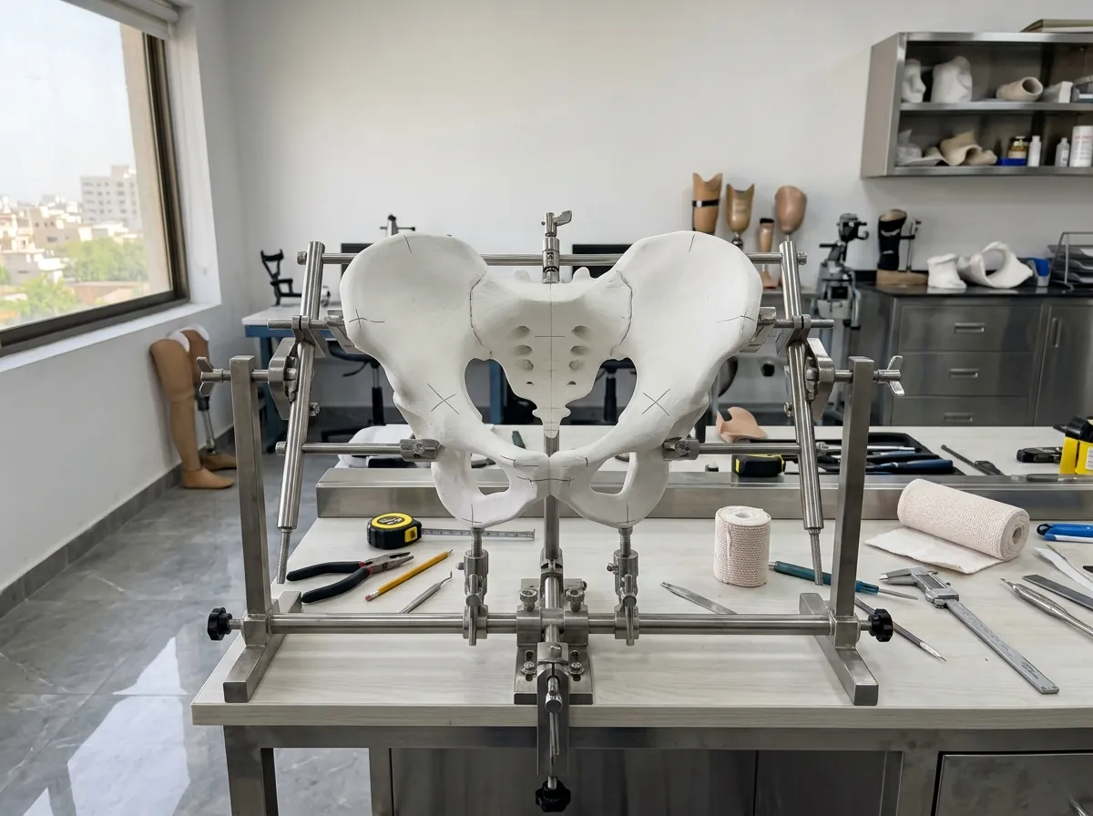 A white plaster cast of a full pelvis for a hip disarticulation socket, held in a metal casting frame on a clean workbench, with pencil lines marking the pelvic crests and sitting bone. No people. Photograph taken in Karachi, Pakistan, in a clean, modern, well lit private prosthetics clinic with white walls, a polished tiled floor and tidy steel and laminate furniture. Any person shown is Pakistani and well dressed, with the face out of frame. Natural daylight, realistic colours, documentary style. No text, no signage, no logos, no watermarks. 4:3 aspect ratio.