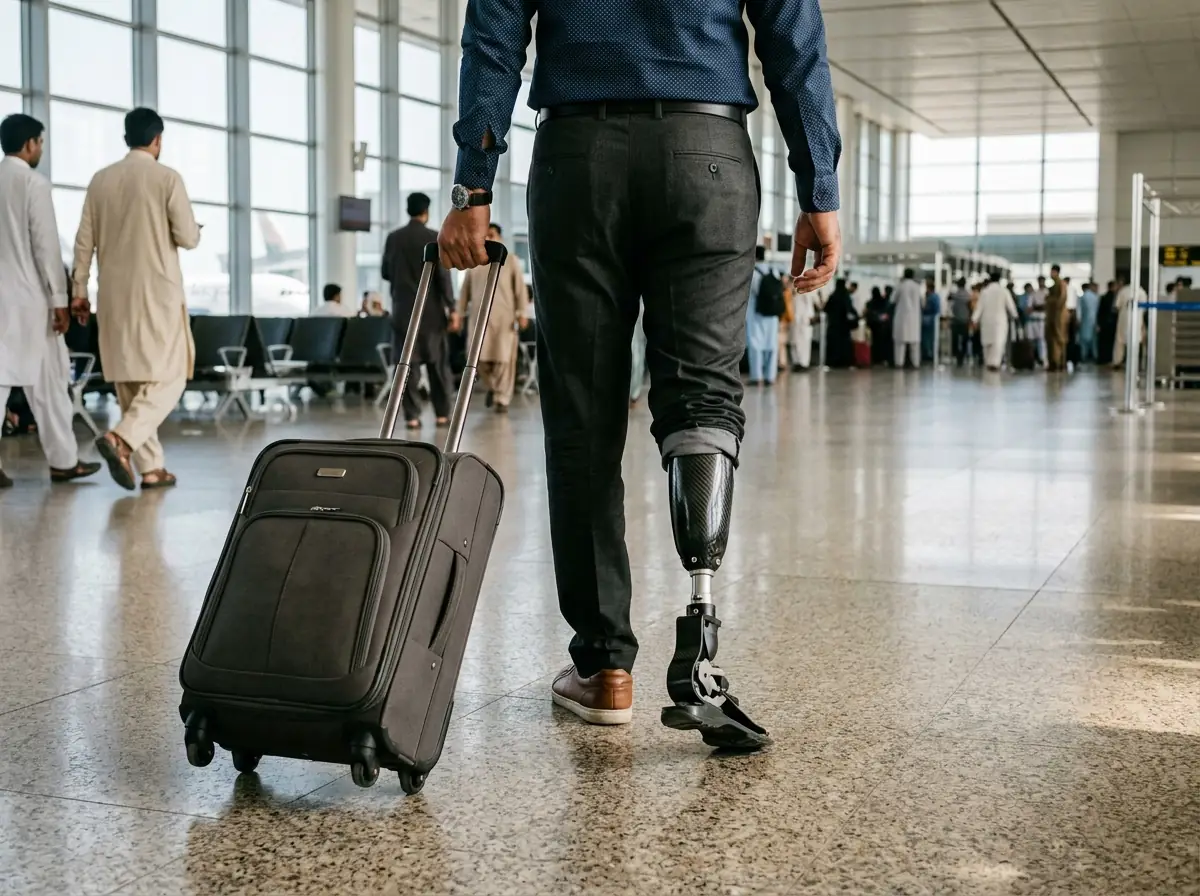A traveller wearing a below knee artificial leg under smart trousers walking through the bright modern departures hall of an airport pulling a cabin suitcase, photographed from behind at knee height so the prosthetic ankle is visible, face out of frame. Photograph taken in Karachi, Pakistan. Any person shown is Pakistani and well dressed, with the face out of frame. Natural daylight, realistic colours, documentary style. No text, no signage, no logos, no watermarks. 4:3 aspect ratio.