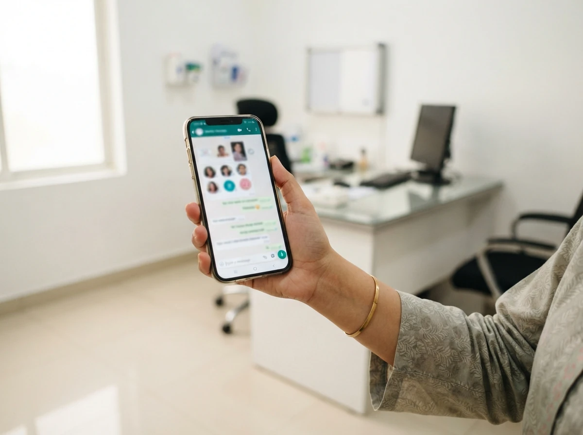 A smartphone held in one hand showing a blurred messaging conversation with photo thumbnails, in front of a softly blurred clean clinic desk, photographed so that no words or faces are readable. Photograph taken in Karachi, Pakistan, in a clean, modern, well lit private prosthetics clinic with white walls, a polished tiled floor and tidy steel and laminate furniture. Any person shown is Pakistani and well dressed, with the face out of frame. Natural daylight, realistic colours, documentary style. No text, no signage, no logos, no watermarks. 4:3 aspect ratio.