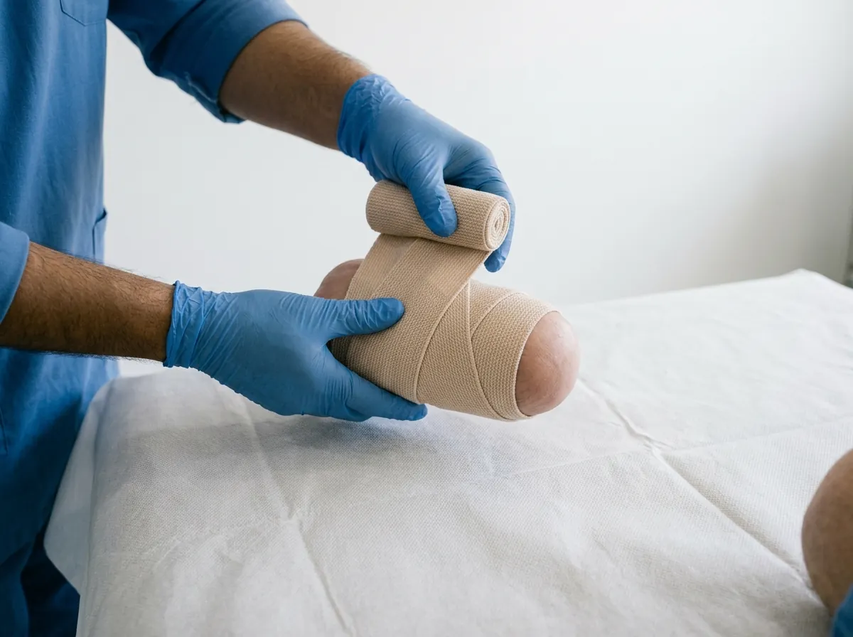 Gloved hands wrapping a beige elastic bandage in a diagonal figure of eight pattern around a below knee residual limb on a clean white couch, close view showing only the hands and the limb. Photograph taken in Karachi, Pakistan, in a clean, modern, well lit private prosthetics clinic with white walls, a polished tiled floor and tidy steel and laminate furniture. Any person shown is Pakistani and well dressed, with the face out of frame. Natural daylight, realistic colours, documentary style. No text, no signage, no logos, no watermarks. 4:3 aspect ratio.