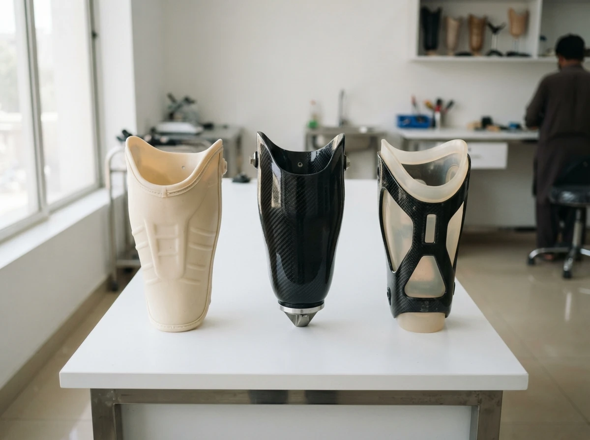Three prosthetic sockets for below knee legs lined up on a white bench showing different constructions: an opaque cream polypropylene socket, a glossy black carbon fibre laminated socket, and a socket with a flexible translucent inner layer inside a rigid cut away frame. Product photograph. No people. Photograph taken in Karachi, Pakistan, in a clean, modern, well lit private prosthetics clinic with white walls, a polished tiled floor and tidy steel and laminate furniture. Any person shown is Pakistani and well dressed, with the face out of frame. Natural daylight, realistic colours, documentary style. No text, no signage, no logos, no watermarks. 4:3 aspect ratio.
