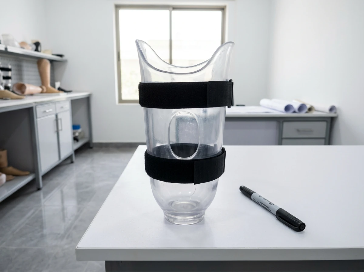 A clear plastic test socket for a knee disarticulation stump with an oval opening cut in its side and two fabric straps across it, standing on a white workbench beside a marker pen. No people. Photograph taken in Karachi, Pakistan, in a clean, modern, well lit private prosthetics clinic with white walls, a polished tiled floor and tidy steel and laminate furniture. Any person shown is Pakistani and well dressed, with the face out of frame. Natural daylight, realistic colours, documentary style. No text, no signage, no logos, no watermarks. 4:3 aspect ratio.