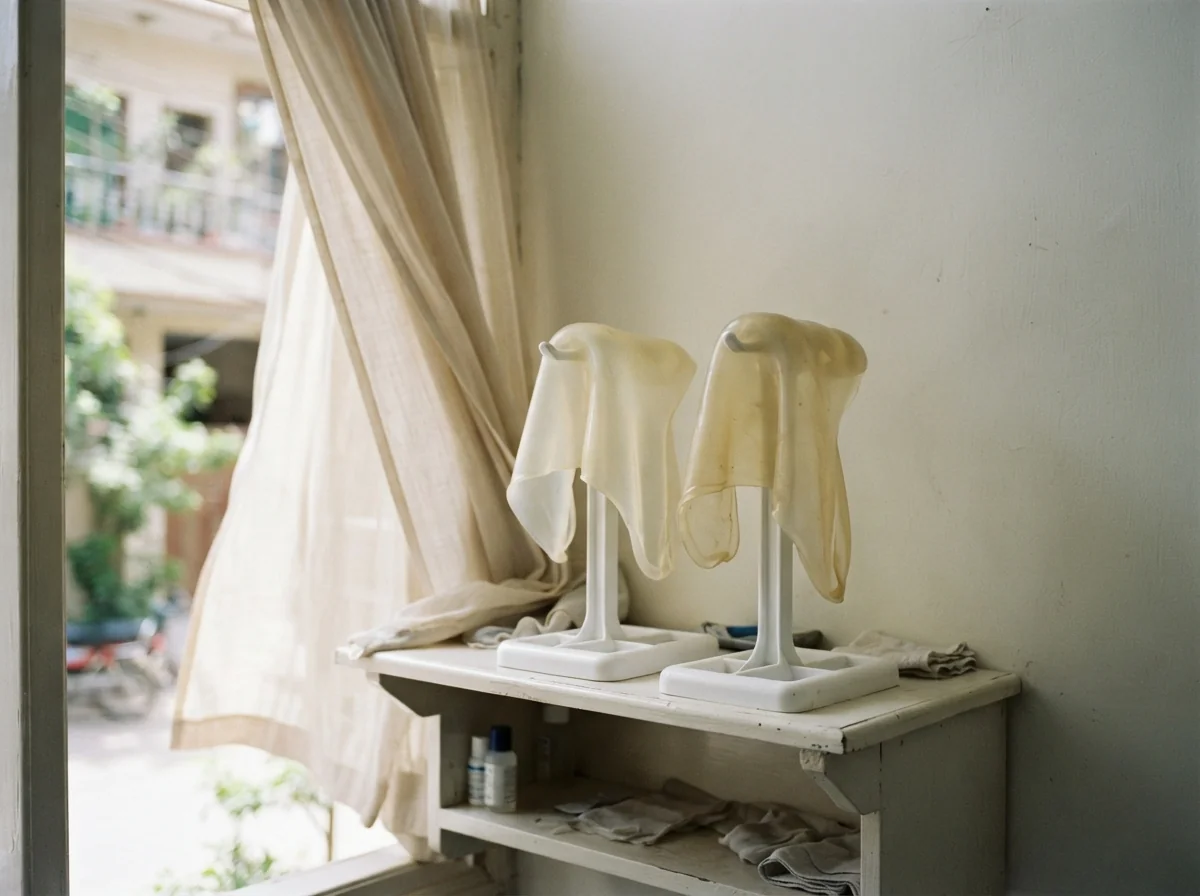 Two translucent gel prosthetic liners drying side by side on white plastic stands on a shaded shelf near an open window with a light curtain moving in the breeze, in a clean room. No people. Photograph taken in Karachi, Pakistan. Any person shown is Pakistani and well dressed, with the face out of frame. Natural daylight, realistic colours, documentary style. No text, no signage, no logos, no watermarks. 4:3 aspect ratio.