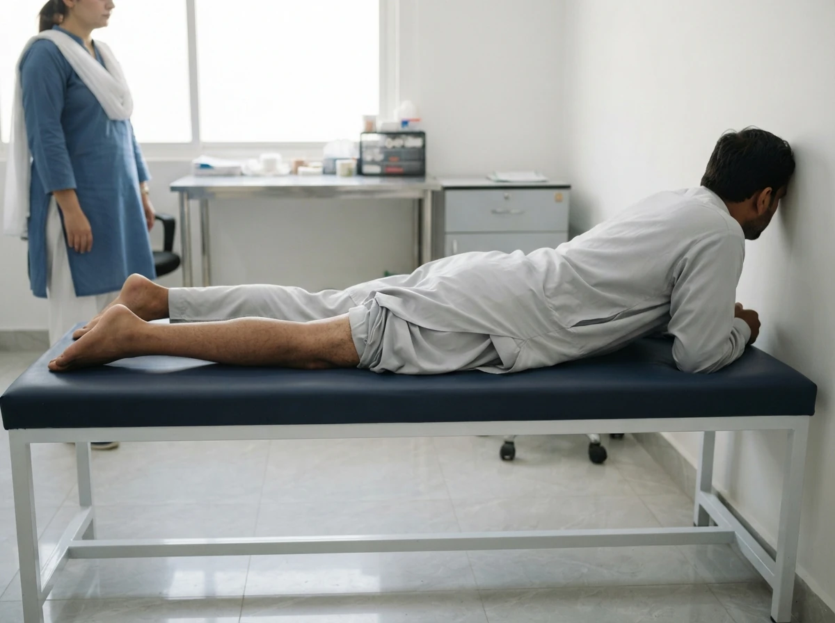 A man in a clean light grey shalwar kameez lying flat on his stomach on a firm physiotherapy couch with his above knee residual limb resting straight and level with the other leg, photographed from the side at couch height with the face turned away and out of frame. Photograph taken in Karachi, Pakistan, in a clean, modern, well lit private prosthetics clinic with white walls, a polished tiled floor and tidy steel and laminate furniture. Any person shown is Pakistani and well dressed, with the face out of frame. Natural daylight, realistic colours, documentary style. No text, no signage, no logos, no watermarks. 4:3 aspect ratio.
