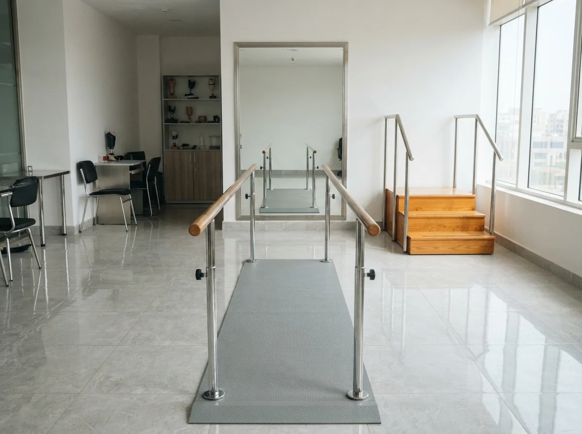 A set of chrome parallel walking bars over a clean non slip floor in a bright clinic training area, with a full length mirror at the far end and a low set of wooden training steps with handrails beside it. No people. Photograph taken in Karachi, Pakistan, in a clean, modern, well lit private prosthetics clinic with white walls, a polished tiled floor and tidy steel and laminate furniture. Any person shown is Pakistani and well dressed, with the face out of frame. Natural daylight, realistic colours, documentary style. No text, no signage, no logos, no watermarks. 4:3 aspect ratio.