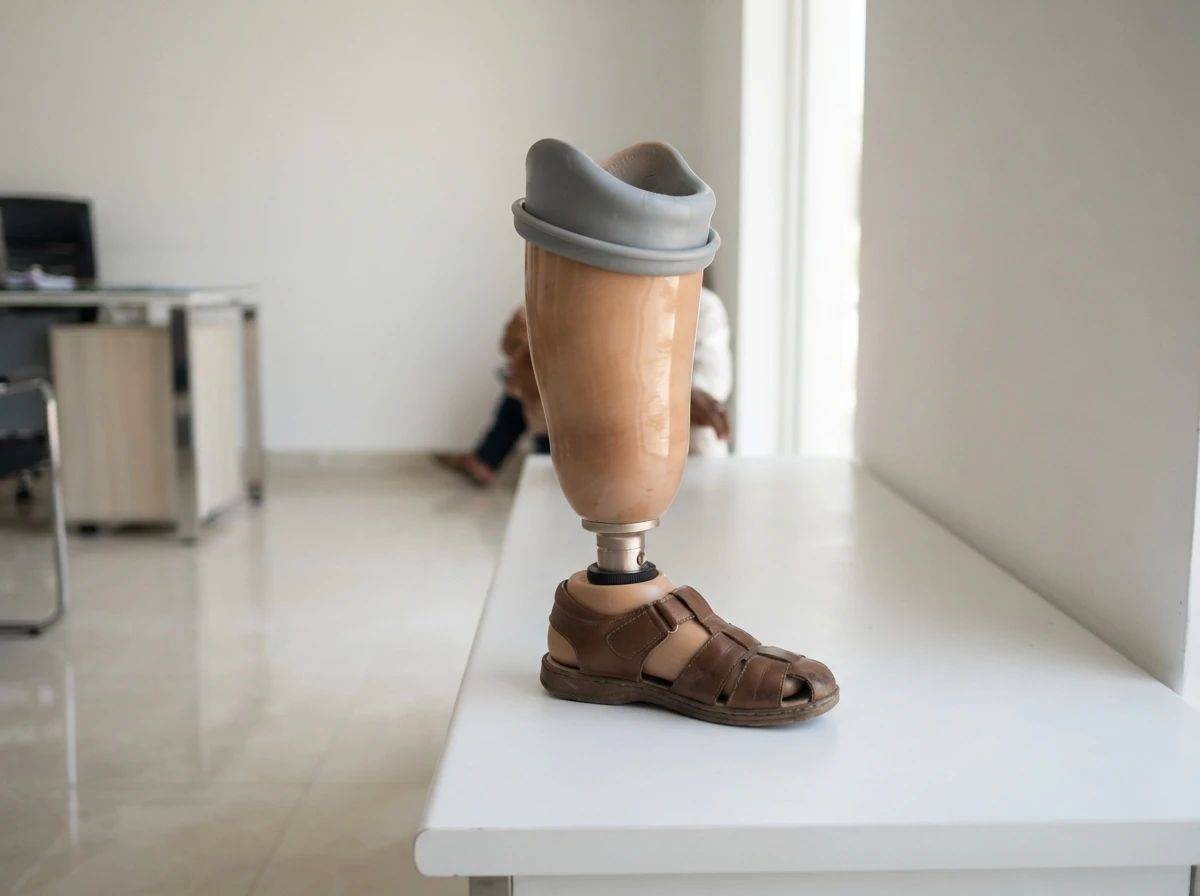 A below knee artificial leg with a laminated skin tone socket, a grey silicone liner rolled down beside it, and a foot fitted into a brown leather sandal, standing on a white bench. The leg is the only subject. No people. Photograph taken in Karachi, Pakistan, in a clean, modern, well lit private prosthetics clinic with white walls, a polished tiled floor and tidy steel and laminate furniture. Any person shown is Pakistani and well dressed, with the face out of frame. Natural daylight, realistic colours, documentary style. No text, no signage, no logos, no watermarks. 4:3 aspect ratio.