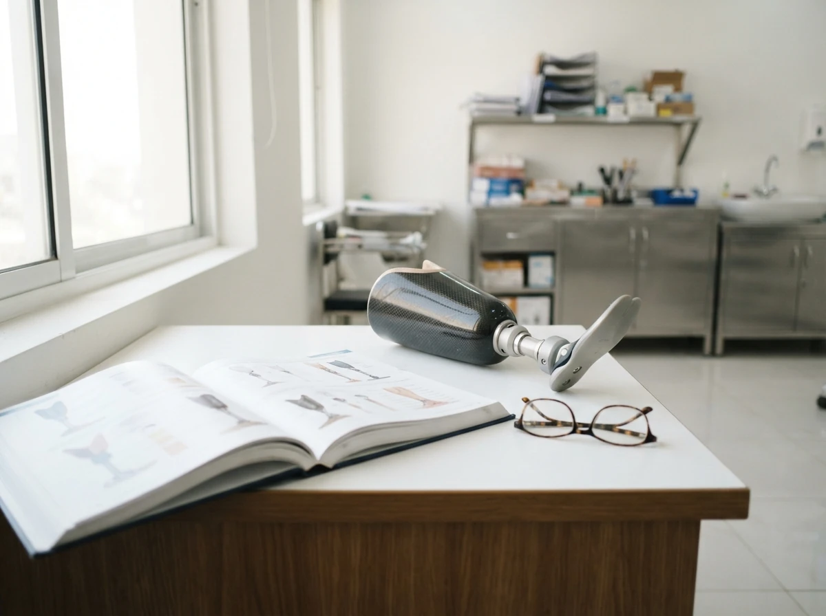 An open medical reference book on a clean white desk beside a below knee prosthetic socket and a pair of reading glasses, photographed at an angle so that no words are readable. No people. Photograph taken in Karachi, Pakistan, in a clean, modern, well lit private prosthetics clinic with white walls, a polished tiled floor and tidy steel and laminate furniture. Any person shown is Pakistani and well dressed, with the face out of frame. Natural daylight, realistic colours, documentary style. No text, no signage, no logos, no watermarks. 4:3 aspect ratio.